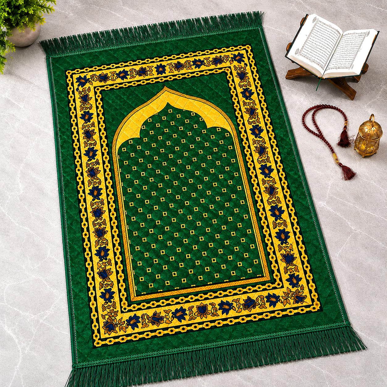 LAMNYAHOM Premium Velvet Janamaz - 2 x 4 Feet Large Prayer Mat (Musalla) with Traditional Floral Pattern, Lightweight & Foldable Padded Namaz Mat for Daily Prayer and Ramadan Gifting (Green)