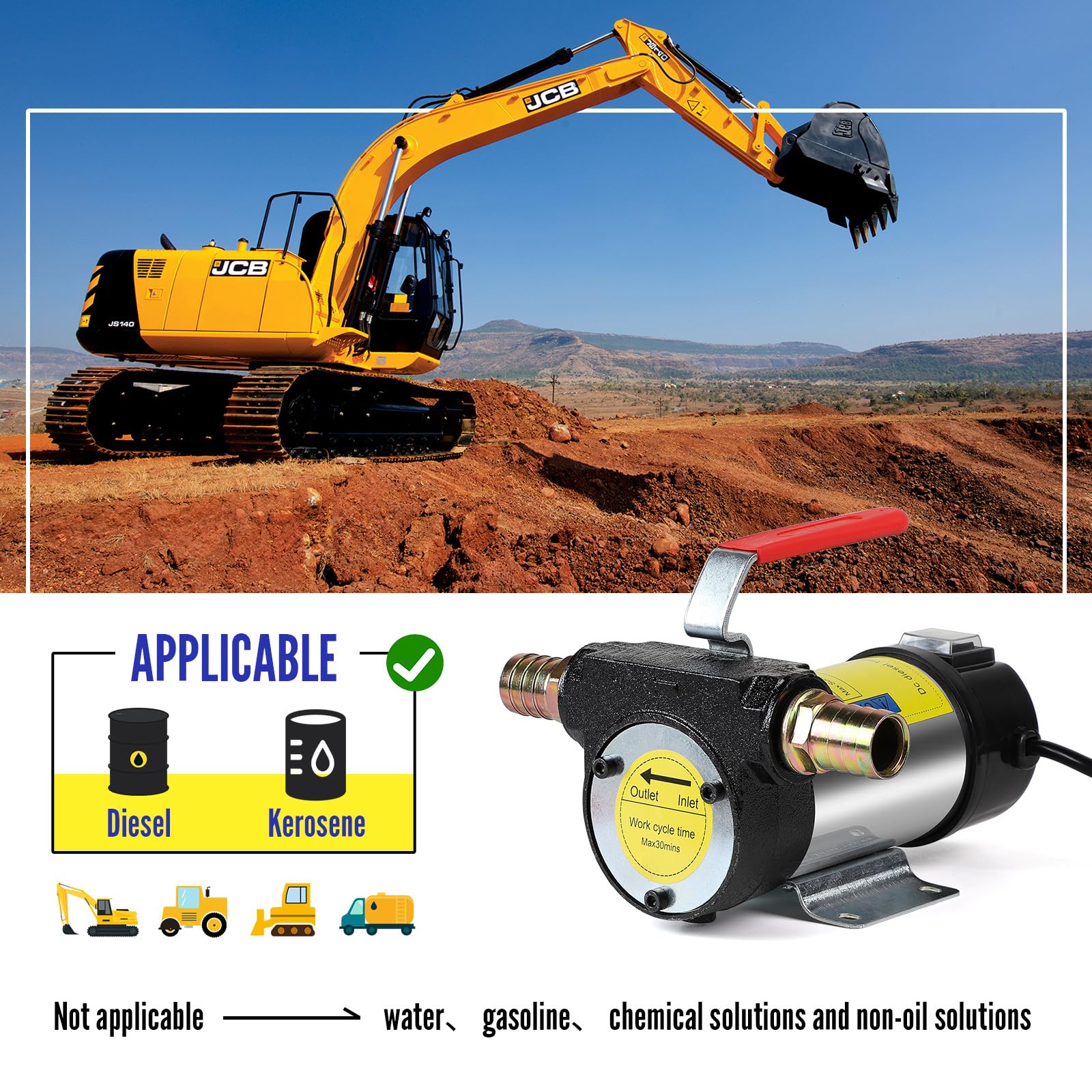 SWAWIS Pompa Diesel Elettrica 12V 175W, Pompa Travaso Gasolio 45l/Min con Pistola Manuale per Olio e Tubo Flessibile, Pompa di Trasferimento Diesel per Navi Campi Petroliferi Escavatori