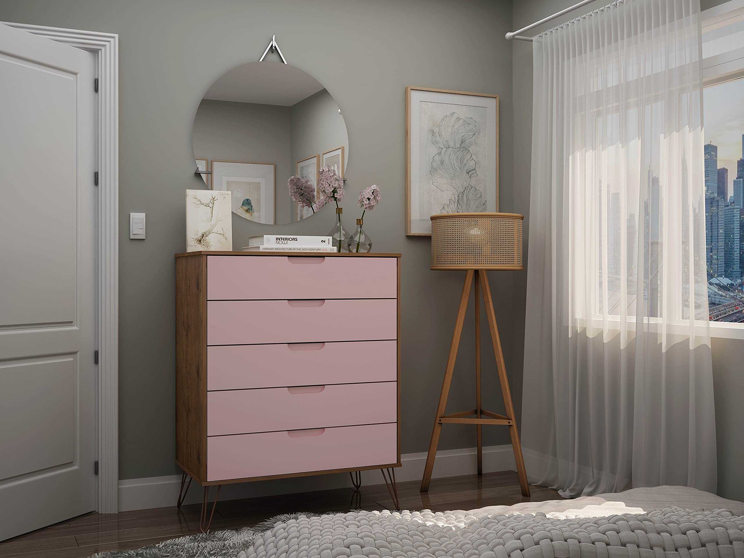 Manhattan Comfort Rockefeller Mid Century Modern 5-Drawer Tall Dresser, Nature and Rose Pink