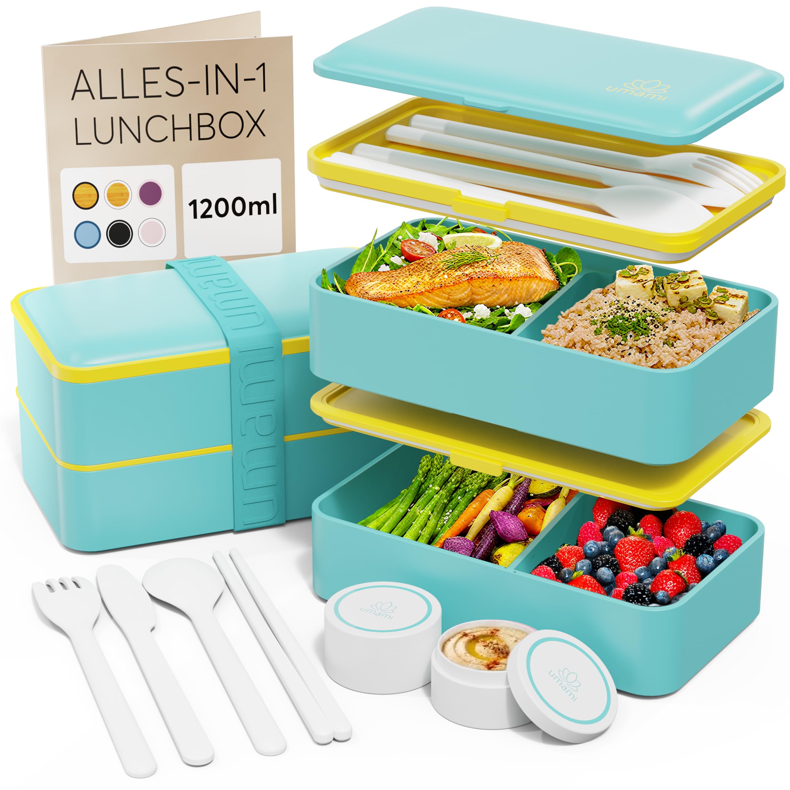 Umami All-in-1 1,2L Bento Lunchbox Erwachsene mit Besteck, 2 Saucenbehältern als Brotdosen Salat, Snack Bento Box, Auslaufsicher Brotdose Erwachsene, Inkl. Zubehör Brotdose mit Fächern für Meal Prep