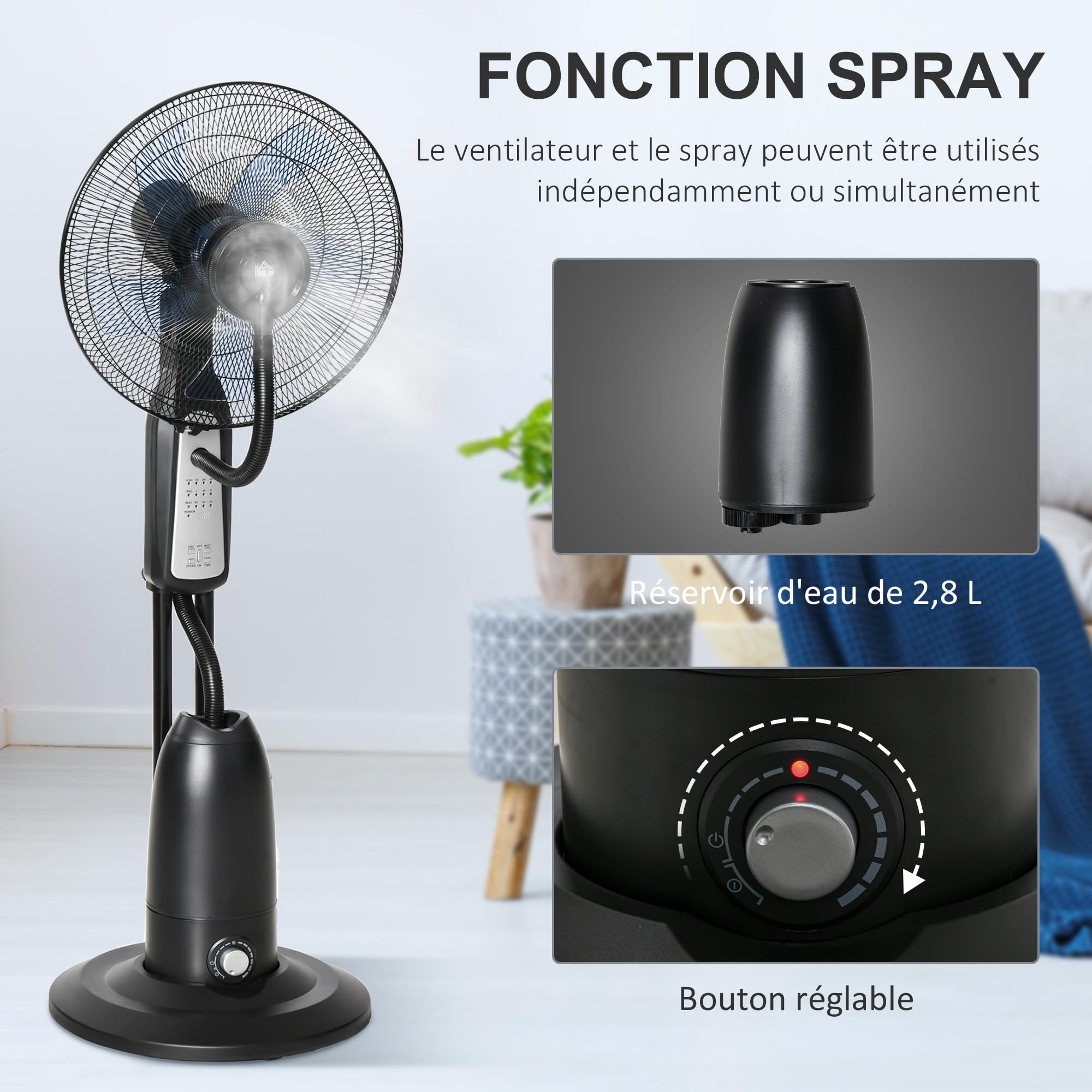 HOMCOM Ventilateur Brumisateur Silencieux 90W, Ventilateur sur Roulettes, 5 Pales Ø 44,5 cm, 3 Modes, 3 Vitesses, Brumisation, Télécommande, Minuterie, Oscillation à 70°, Tête Inclinable, Gris et Noir