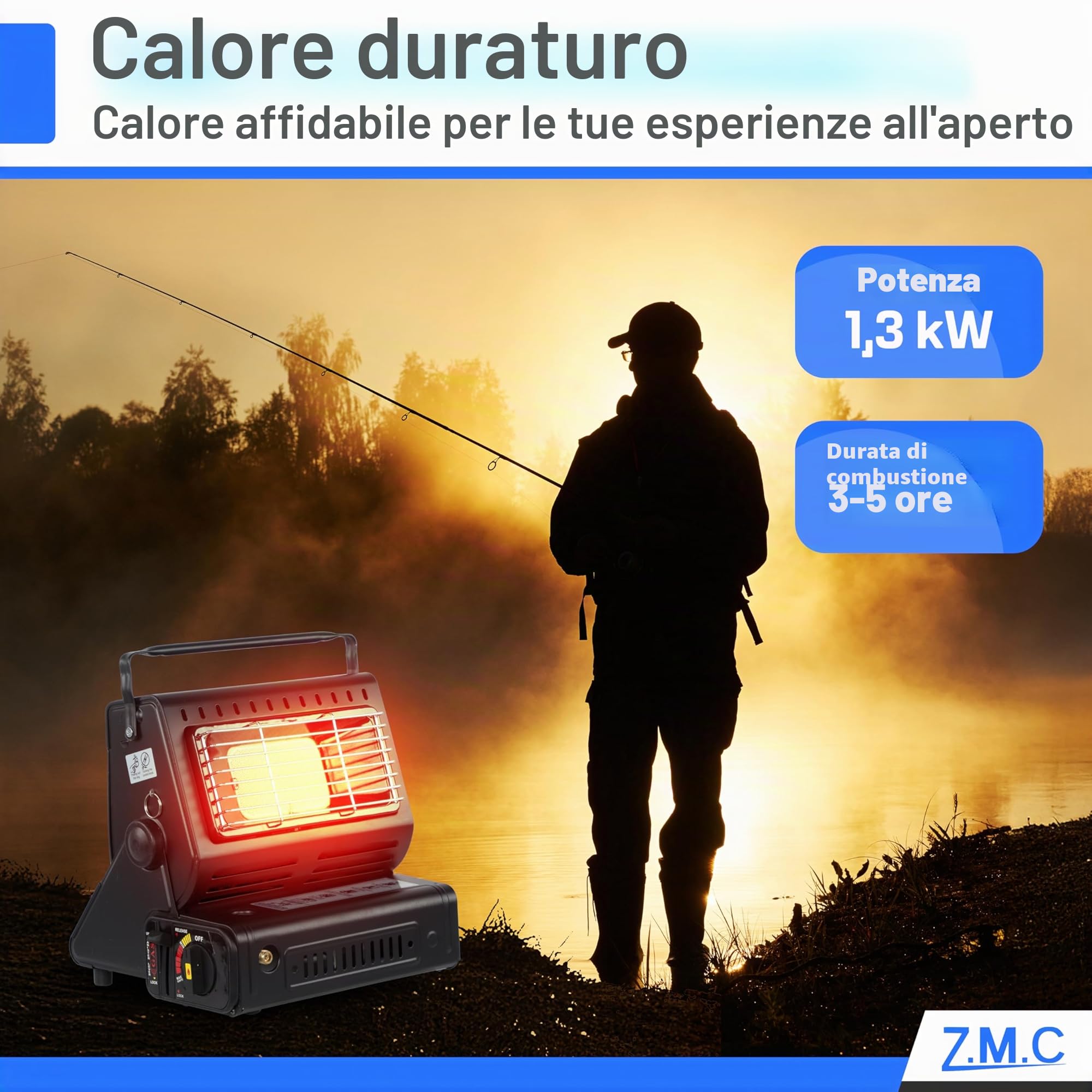 Z. M.C 2-in-1 Riscaldamento a Gas e Fornello a Gas con LPG Collegamento + 4 Cartucce di Gas 227g, Campeggio Riscaldamento 1,3 kW, Stufa per Esterno con Bruciatore Piezo