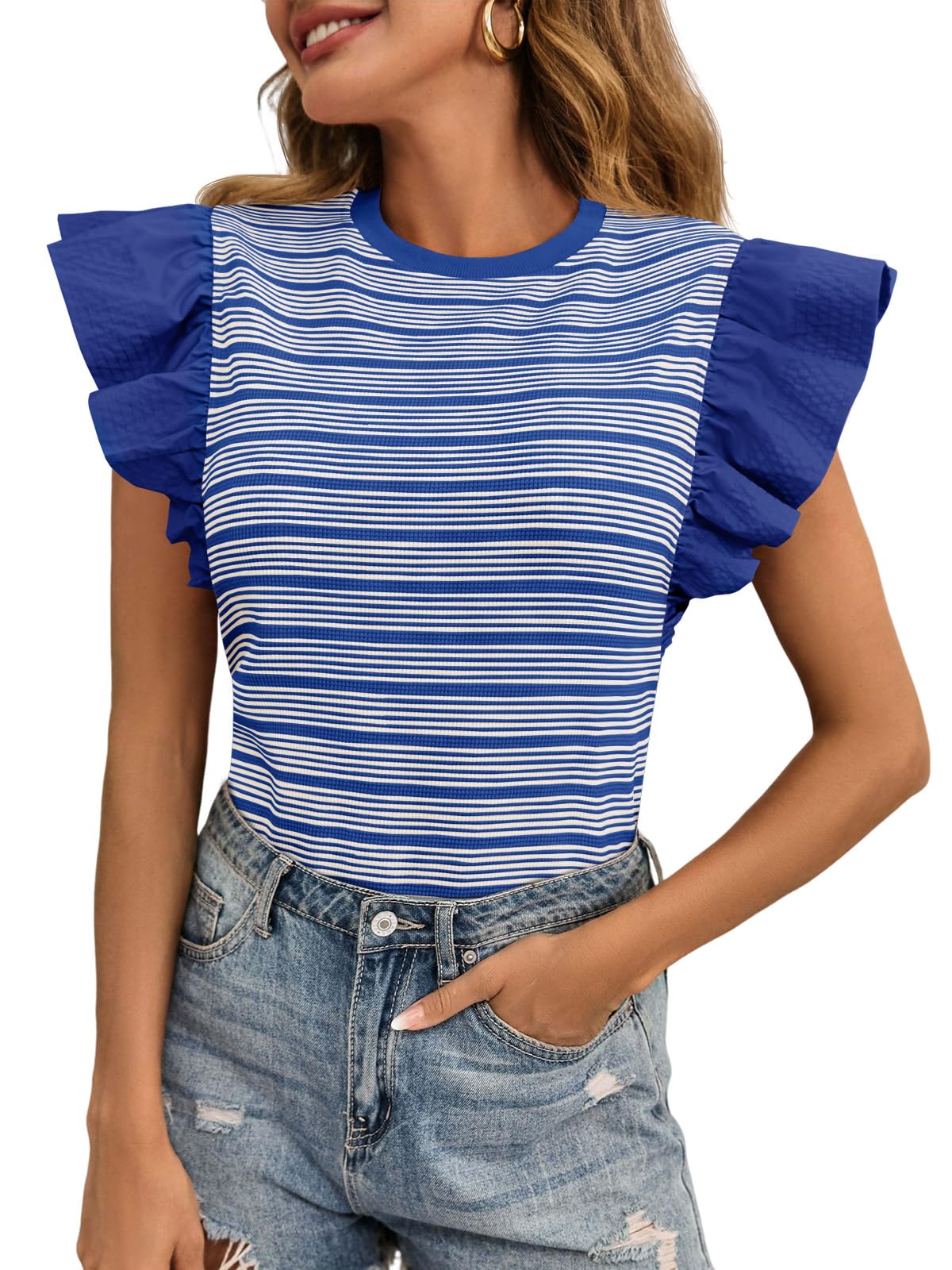Womens Ruffle Striped Tank Tops Summer Crew Neck Sleeveless Shirts Loose Fit Dressy Casual Blouse