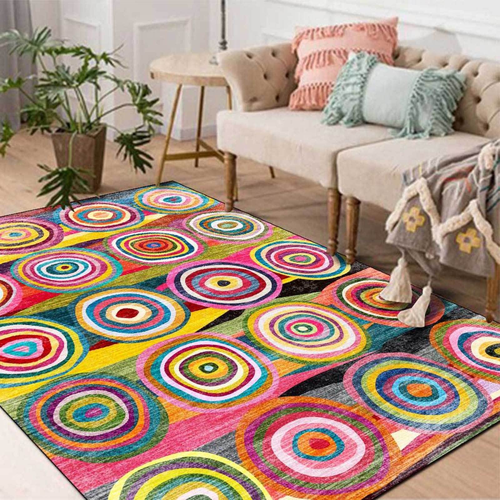 Nowoczesny dywan designerski dywan etniczny wielokolorowe okrągłe paski, antypoślizgowy bardzo duży średni wystrój domu dywaniki podłogowe-160 x 280 cm
