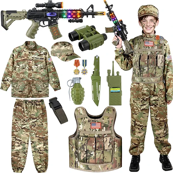 GIFTINBOX Army Costume for Boys, Kids Military Army Costume with Military Vest, Halloween Costumes for Boys Kids 3-13
