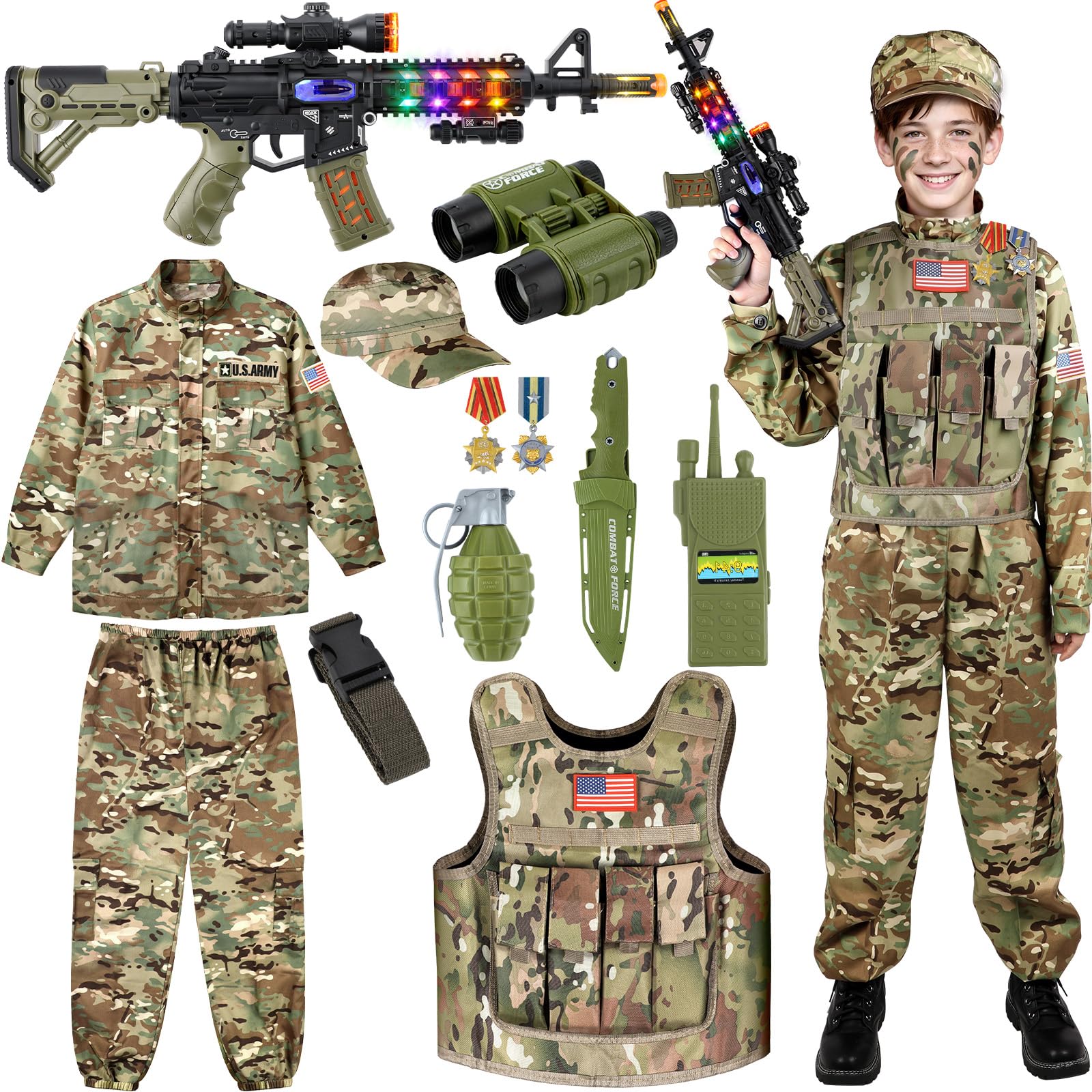 GIFTINBOX Army Costume for Boys, Kids Military Costumes with Military Vest, Soldier Boy Costume with Army Toy Accessories, Halloween Costumes for Boys