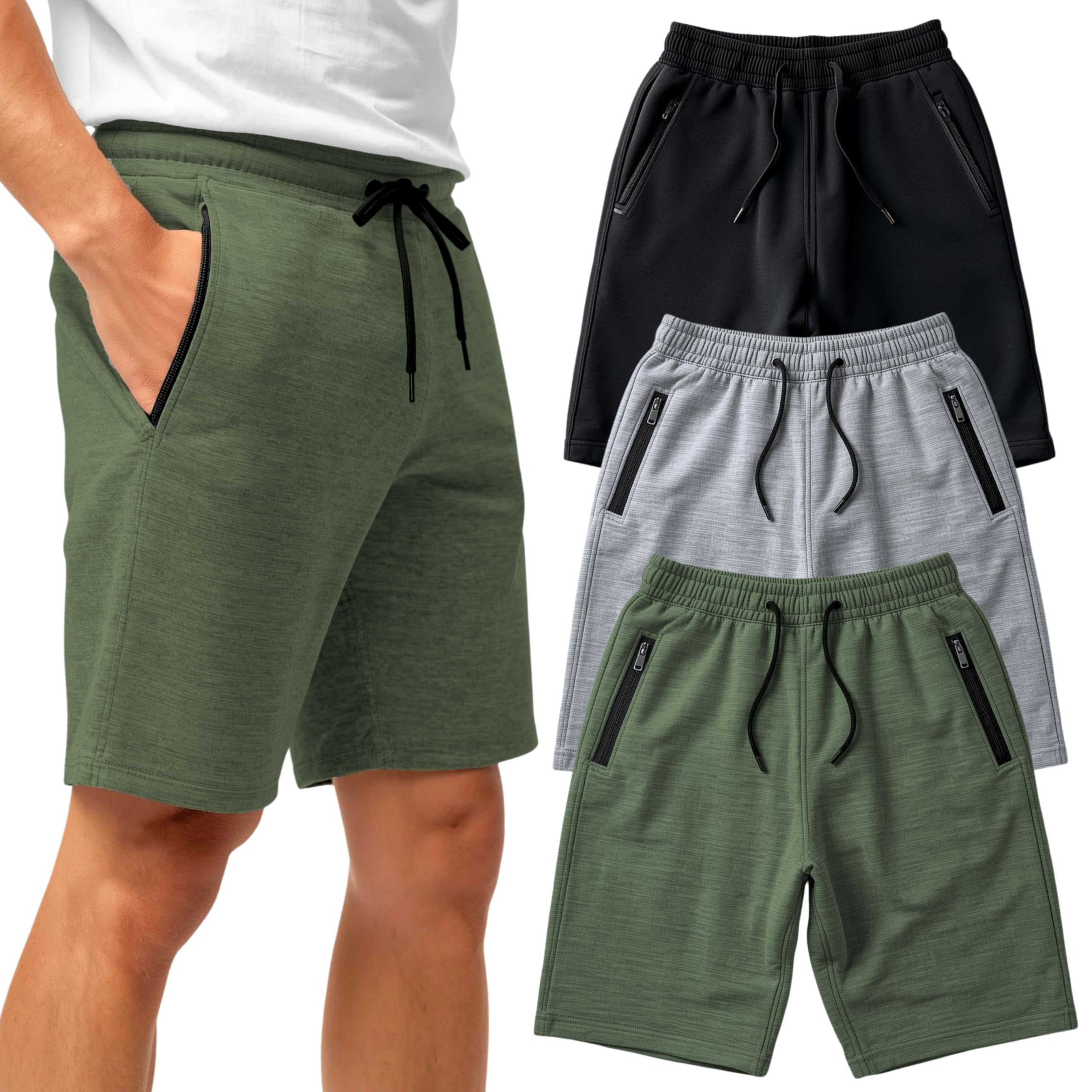 Mens 3 Pack Fleece Cotton Active Jogger Shorts with Zipper Pockets and Drawstring | Size…