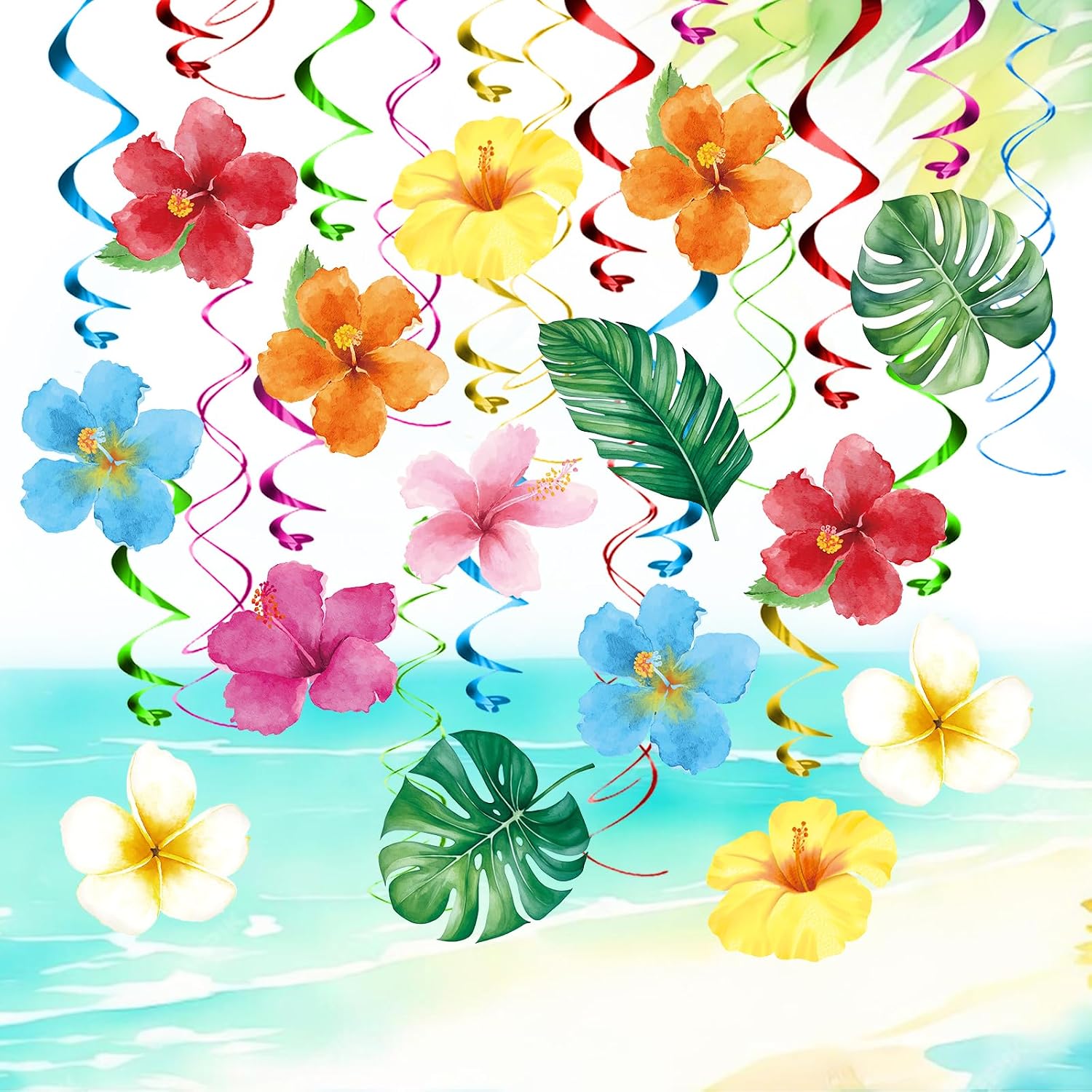 FRIDAY NIGHT 30 Pcs Hawaiian Luau Hanging Swirls Tropical Party Decorations Foil Ceiling Hangers with Flowers and Green Leaves for Summer Beach Pool Birthday Supplies