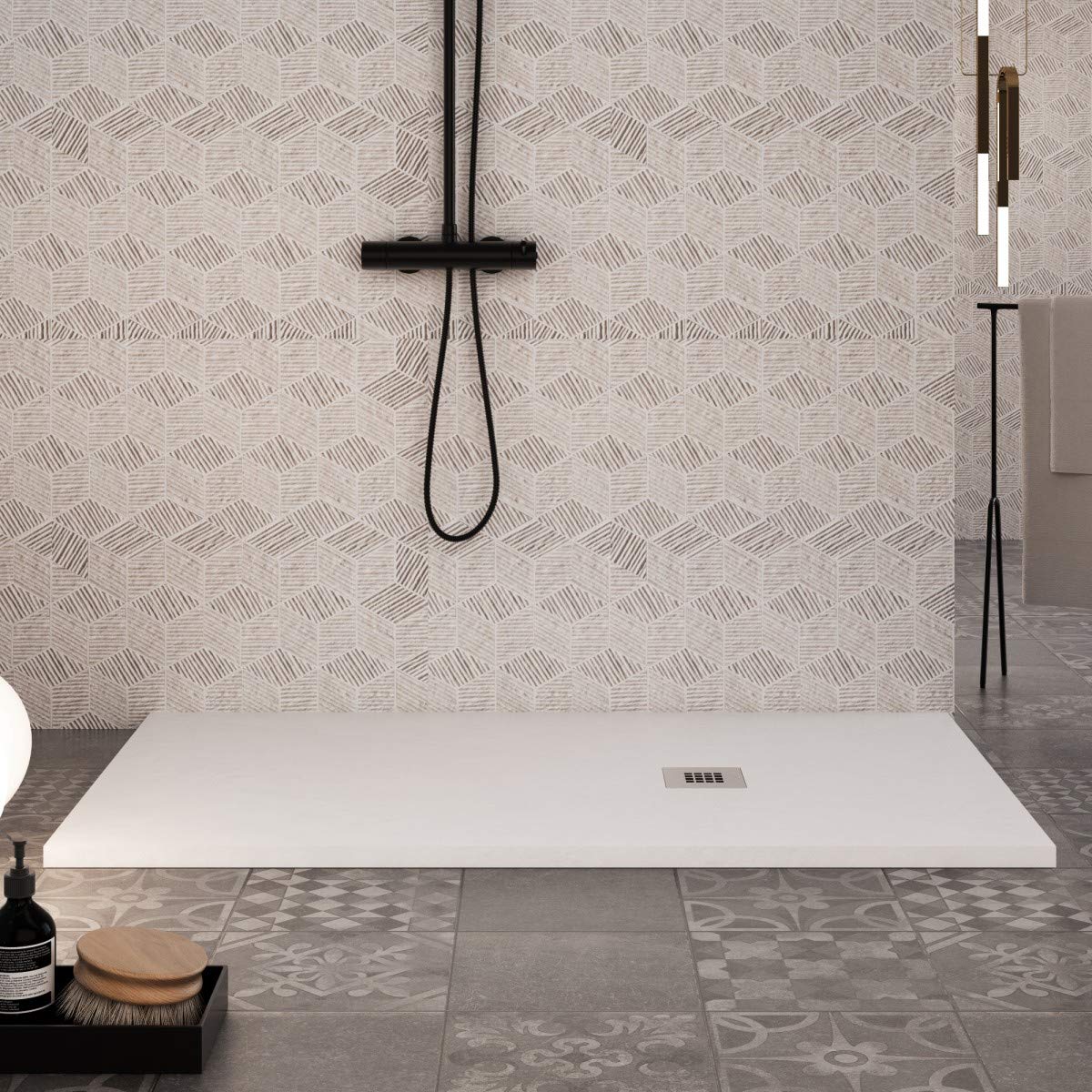 Luminosa ArredoBagno Piatto Doccia Marmoresina 70x140 - Effetto Pietra Antiscivolo con GELCOAT - Modello MARMOTEK Colore Bianco - Griglia in Acciaio e piletta Incluse
