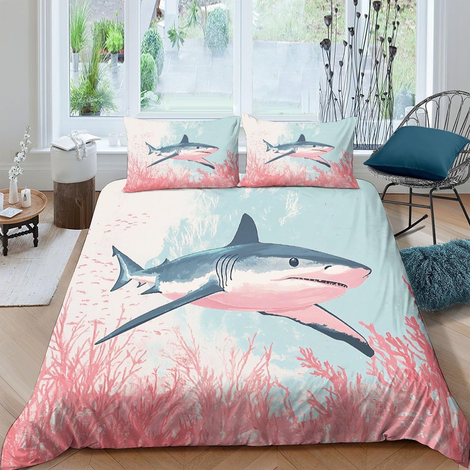 GPLZQXKJNH 3D Printed Shark Ocean Duvet Cover Microfiber Soft Coral Reef Bedding Set with 2 Pillowcases for Bedroom Decor Single（135x200cm）