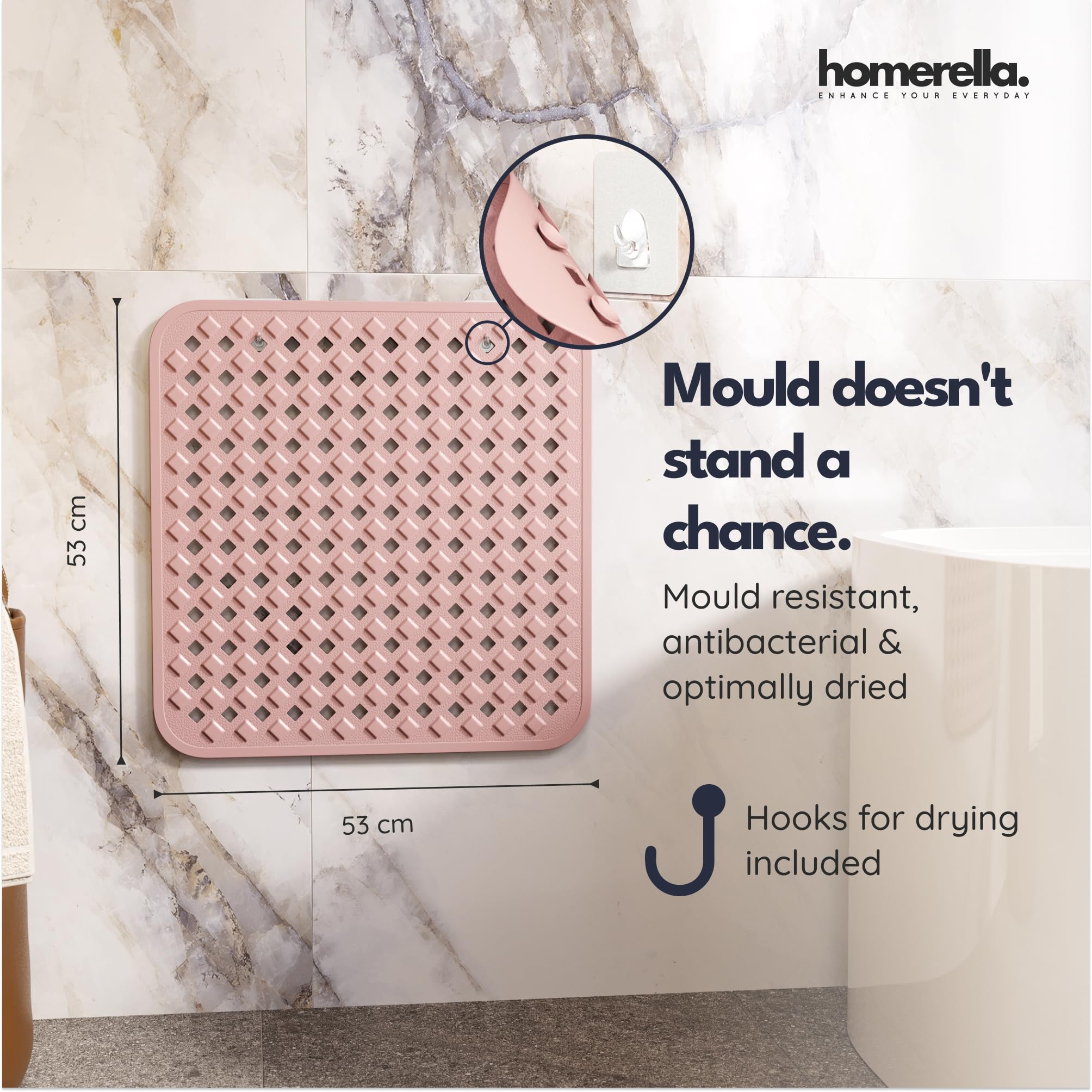 homerella® Shower Mat Non Slip Anti Mould 53 x 53 cm, INCL. Hooks for Drying Bath Mat Non Slip Anti Mould - Image 3