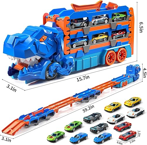 Miniatura 6 de Camión transportador de dinosaurios de juguete para niños de 3, 4, 5, 6 años, traje de pistas de autos para niños con 12 autos de carreras fundidos