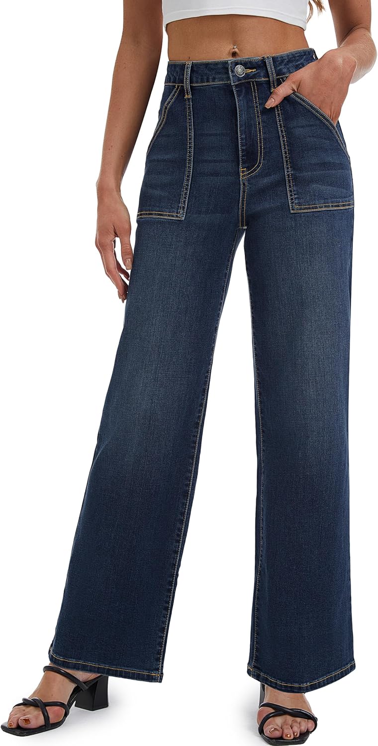 YUCOLEN Straight Leg Jeans for Women High Waisted Jeans Loose Wide Leg Stretchy Denim Pants with Pockets Fashion