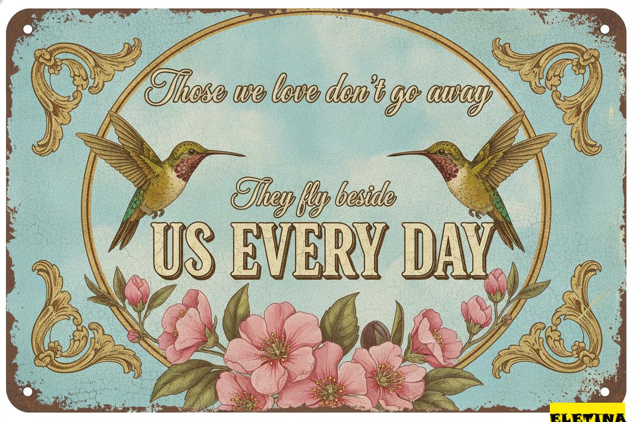 Those We Love Don't Go Away Hummingbird Tin Sign, 8x12