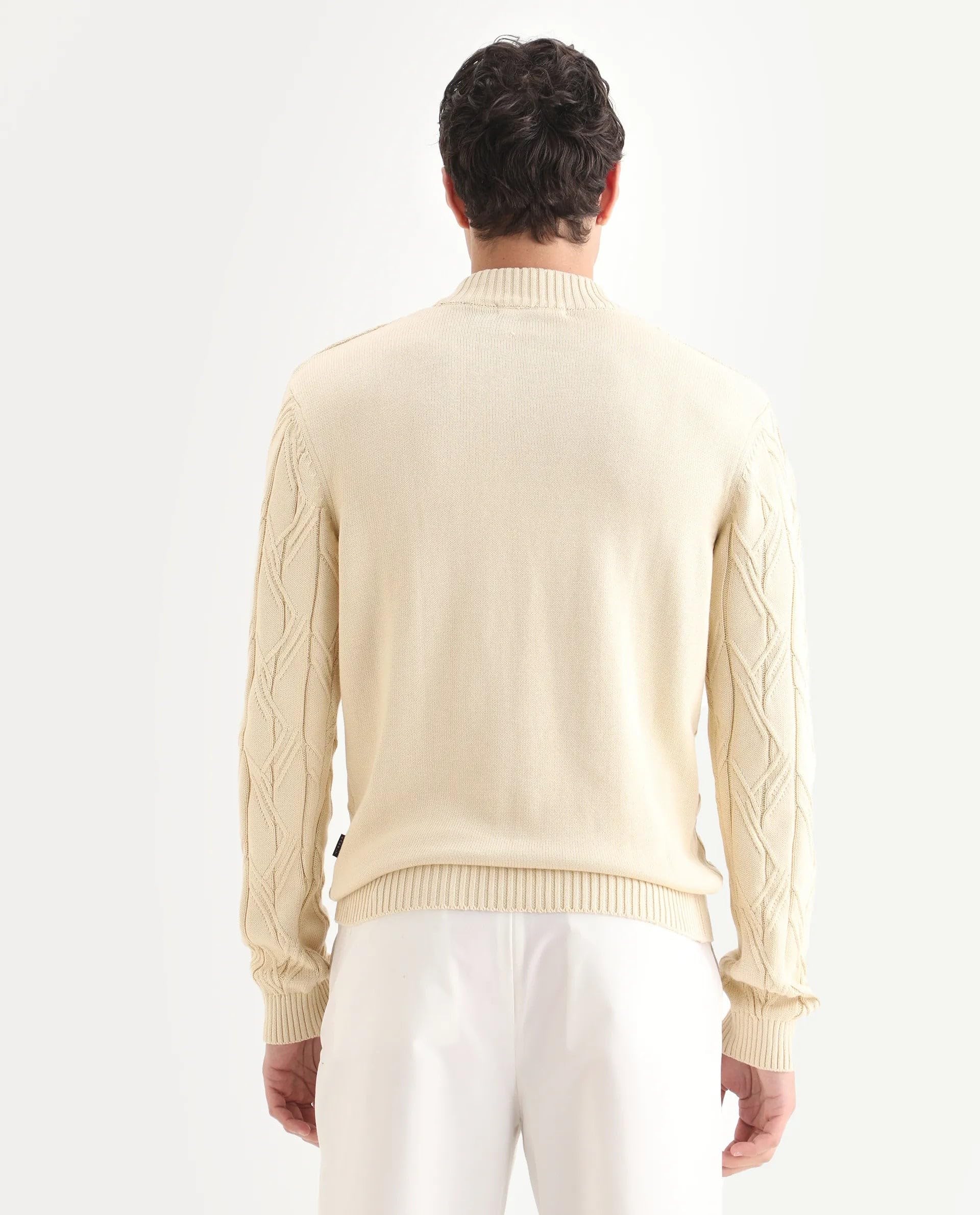 Rare Rabbit Men's Caloz Yellow Cotton Textured Regular Fit Full Sleeve High Neck Sweater 4