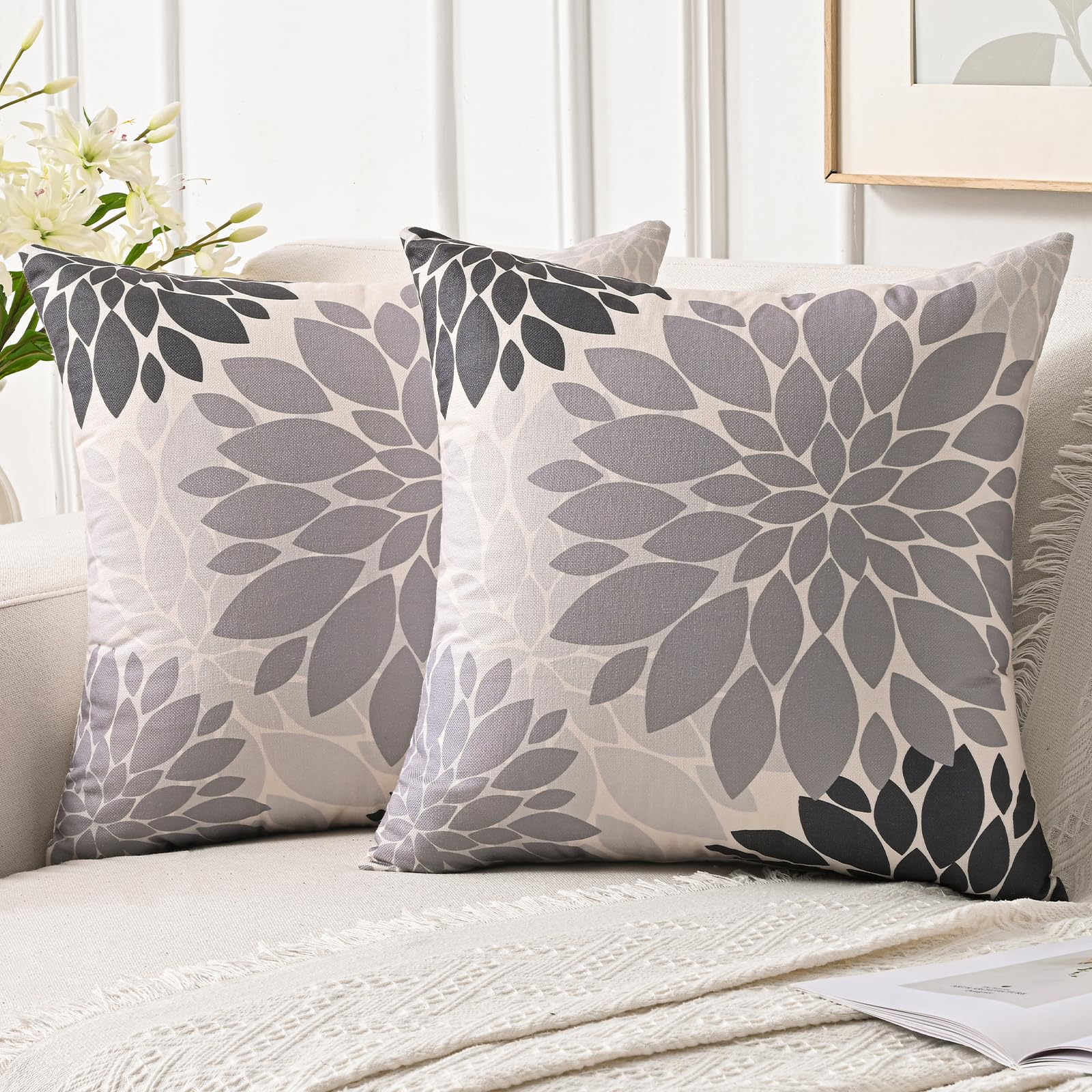 Jayusaror Cushion Covers 40 x 40 cm Grey Modern Decorative Linen Dahlia Pillow Case Sofa Cushions Summer Autumn Cushion Covers for Bench Living Room Bedroom, 2 Pieces
