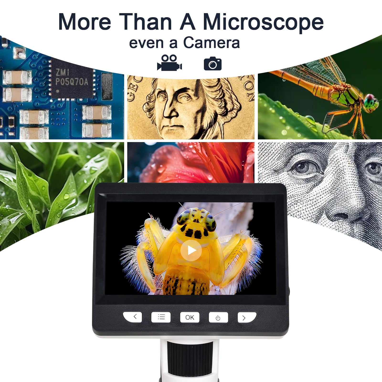 Microscopio Digital LCD, Aumento de 50x a 1000x, Pantalla de 4,3 Pulgadas, Resolución de 1080P, Lente de 2 Millones de Píxeles, con 8 Luces LED, Conectable a PC, Computadora portátil