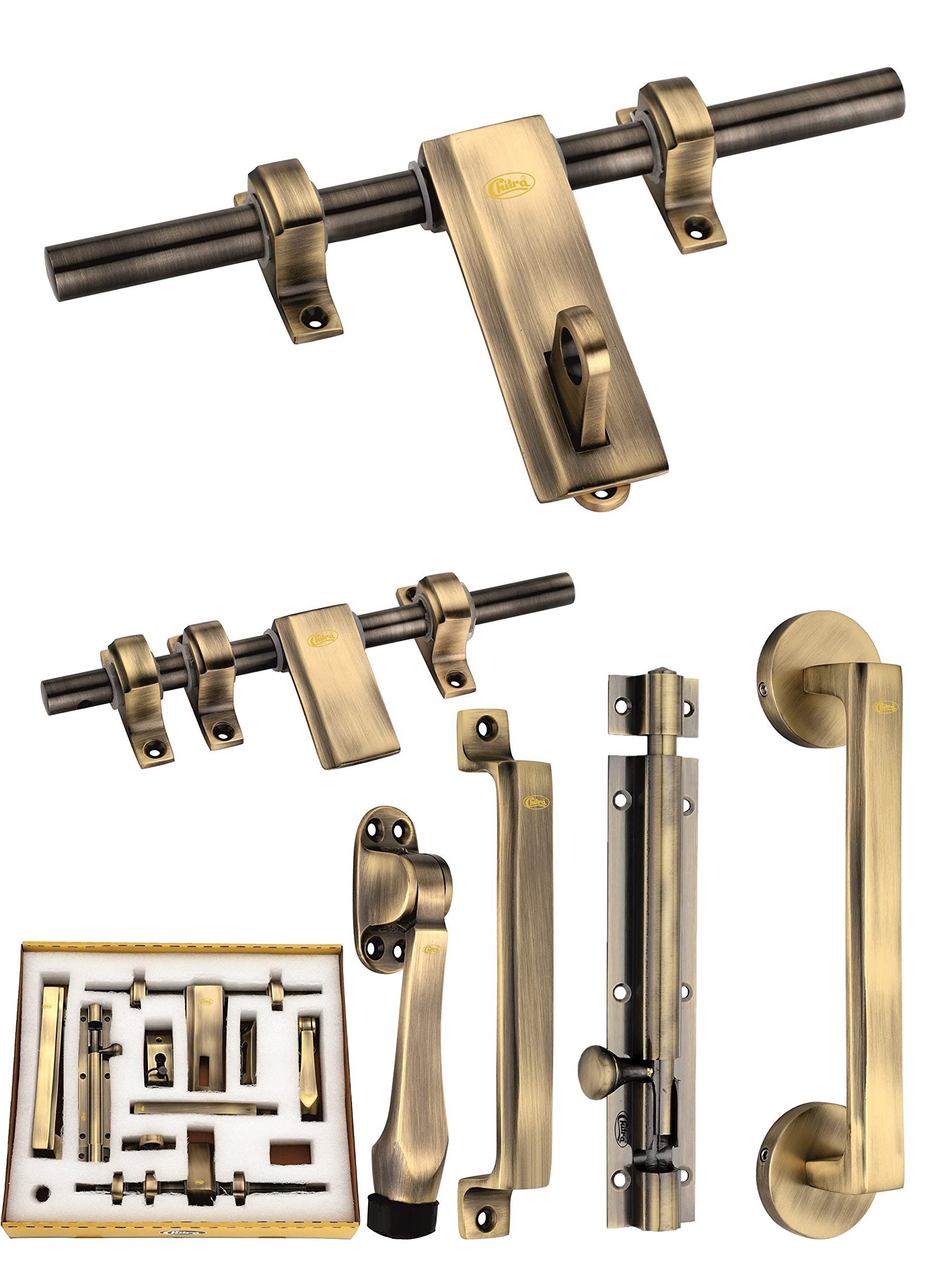 Chitra Altis Series Brass Heavy Single Door Fitting Accessories Full Set/Kit (1 Aldrop, 1 Latch, 2 Handles, 1 Tower Bolt and 1 Door Stopper) (10 Inch, Antique Brass Matt) (B09C8V8K3V) Amazon Price History, Amazon Price Tracker