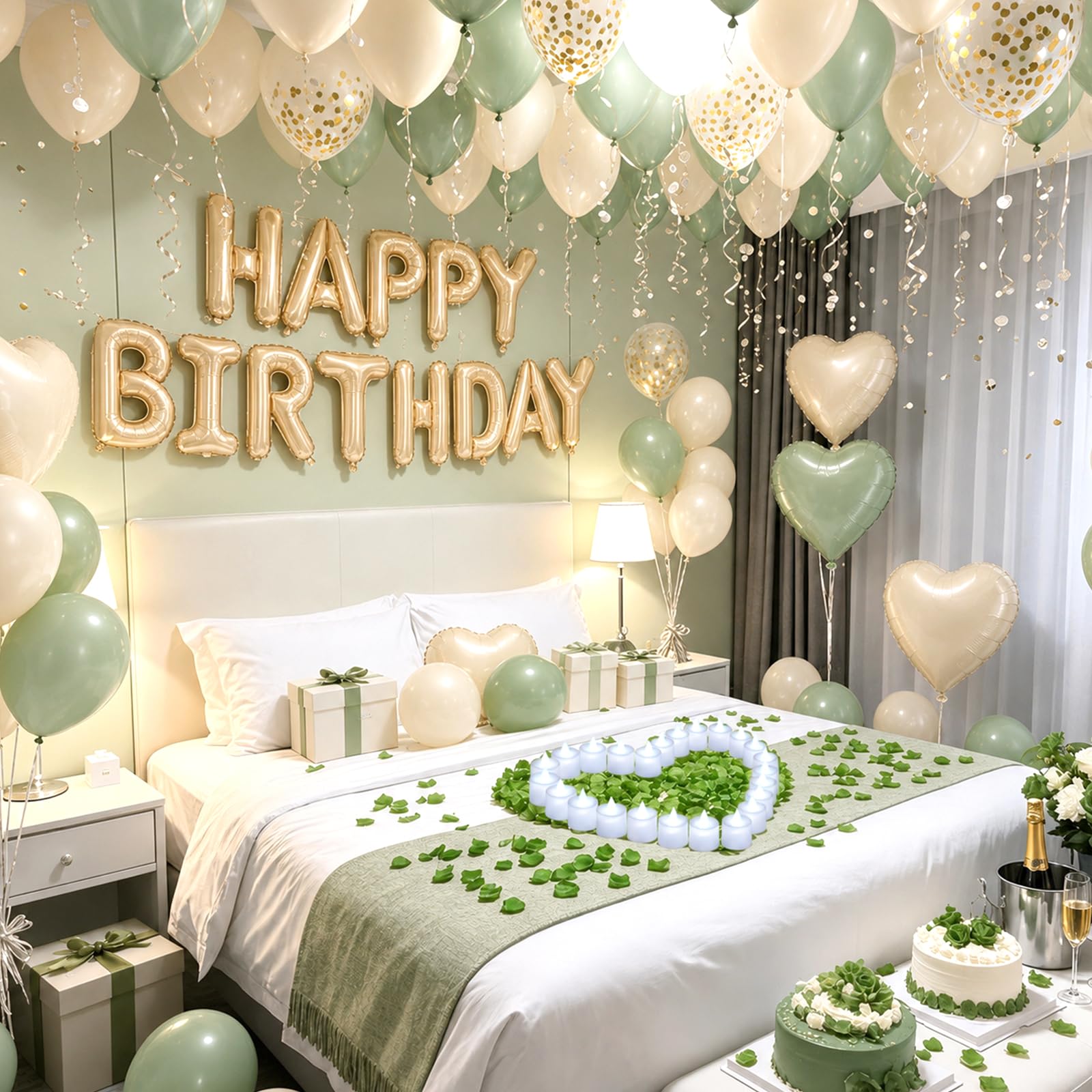 Ballons décoratifs vert sauge « Happy Birthday » - Bannière de ballons d'anniversaire avec ballons en forme d'étoile - 24 bougies LED sans flamme - Pour chambre, hôtel, fête