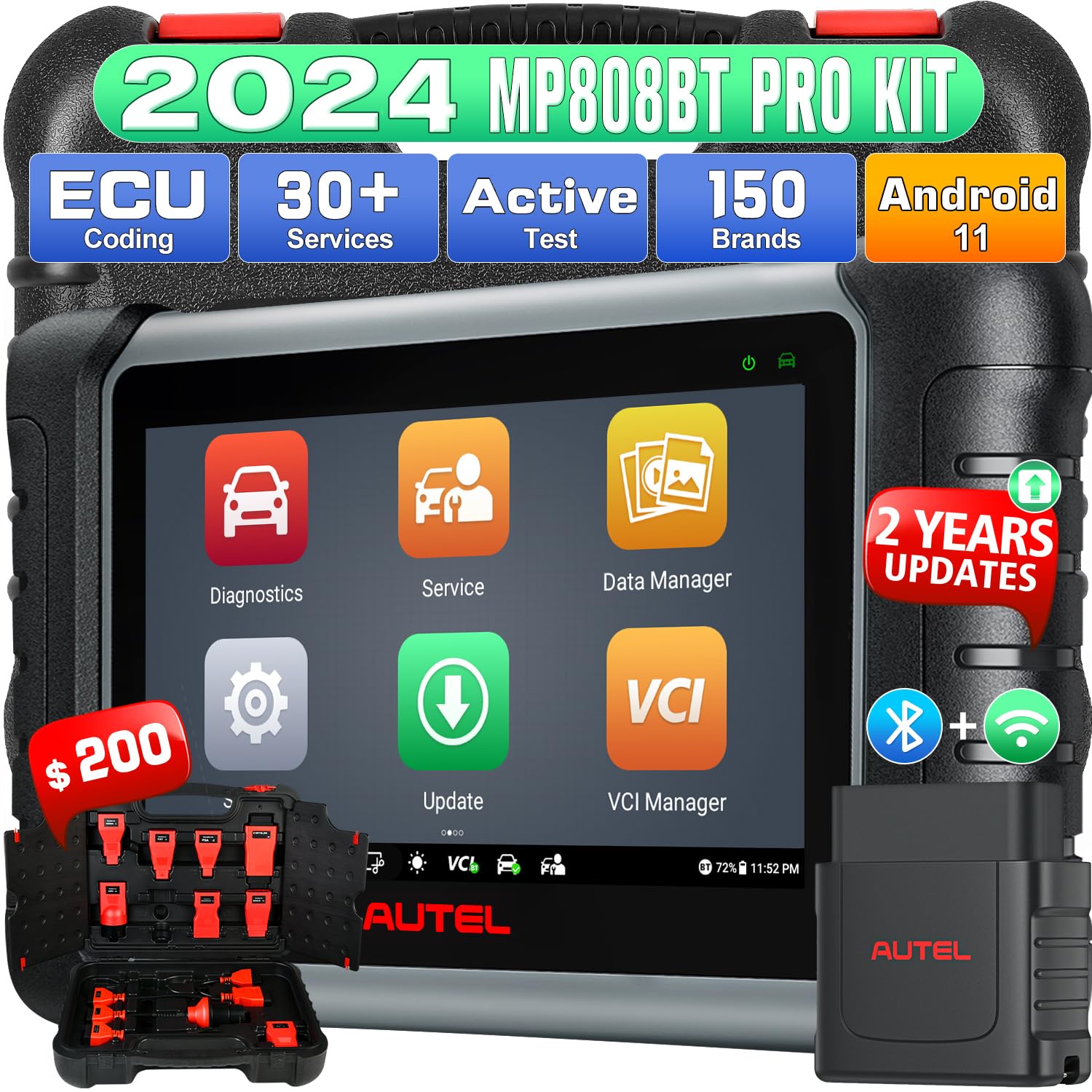 MaxiPRO MP808BT PRO KIT Scanner: 2 Years Update Ver. of MP900BT, $200 Adapters, 2026 11OS Up of MS906BT/ MaxiCOM MK900-BT/ MK900, 3000+ Tests, 30+ Services 150 Makes, FCA AutoAuth