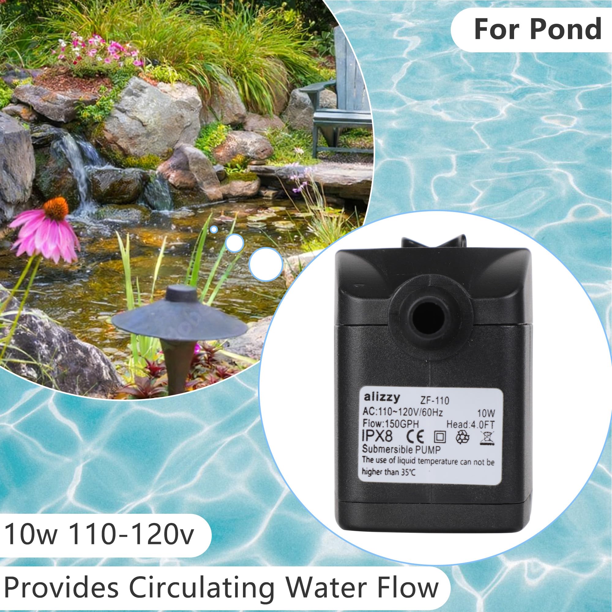 alizzy - Bomba de agua sumergible pequeña de 150 GPH (570 L/H, 10 W), bomba de fuente de agua ultra silenciosa con elevación de 4 pies y cable de alimentación de 6 pies para acuario, pecera, función