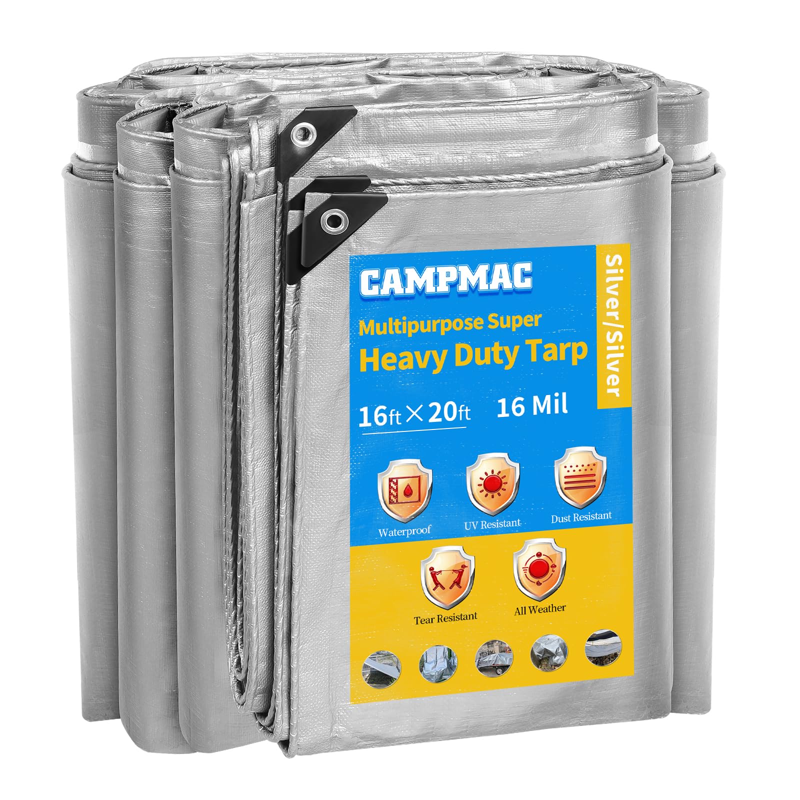 CAMPMAC Heavy Duty Tarp 16'x20', 16 Mil Thick Poly Waterproof Tarps