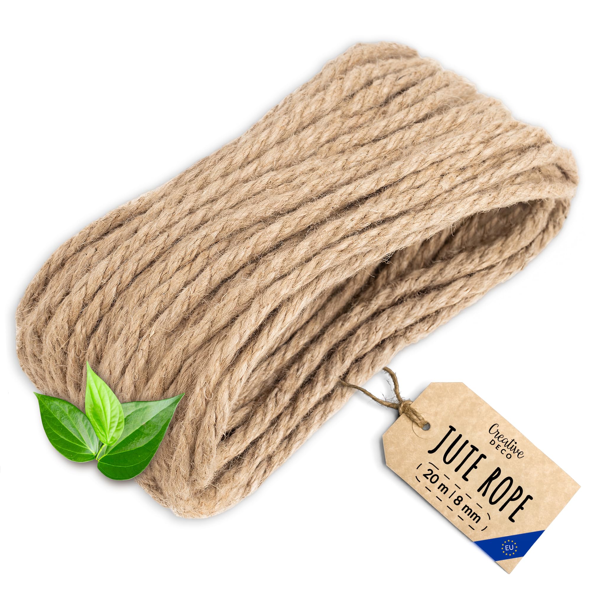 Creative Deco Thick Heavy Duty Jute Rope Natural Brown | 20mx8mm | Twisted Hemp Rope | Personalisation Every 5m | Twine Decking Rope Cord Cat Arts Crafts Garden Hammock Swing | Strong Durable String