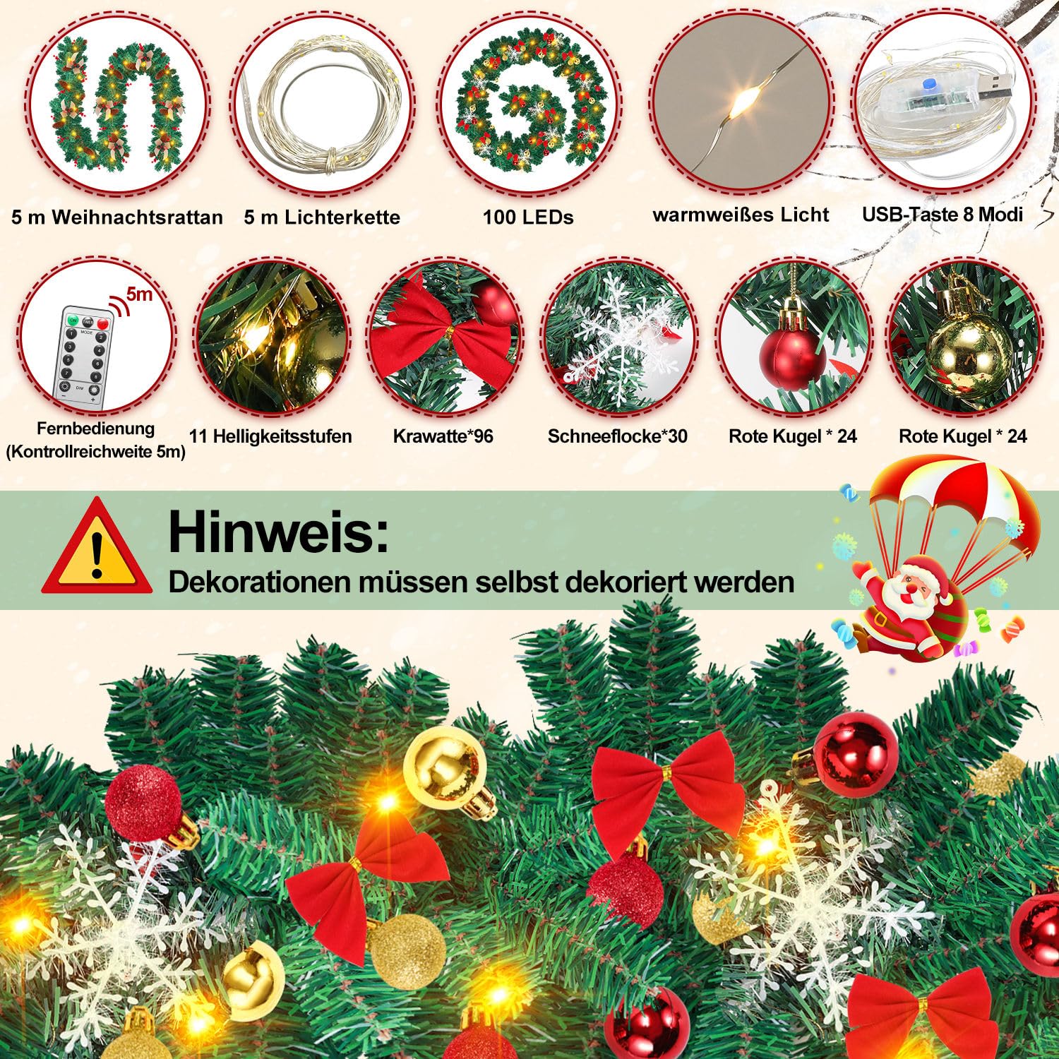 Fiqops Weihnachtsgirlande mit Beleuchtung, 4er 5m 100 LEDs Warmweiß inkl.Deko und Fernbedienung, Künstliche Tannengirlande USB 8 Modus Lichterketten, Weihnachtsdeko für Kamine Treppen Wand