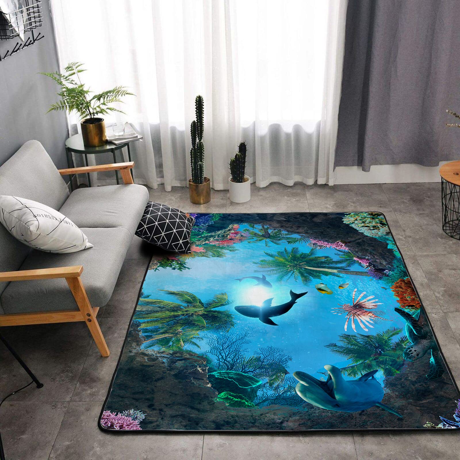 Washable Area Sponge Rug Pad for Kids Girls Boys Bedroom Living Room Ocean, Underwater World Dolphins Turtles Sharks Non-Slip Carpet Super Soft Extra Thick Bathroom Dorm Home Indoor Small Floor Rugs