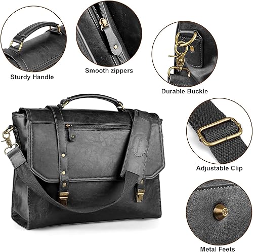 Miniatura 6 de Bolsa de mensajero para hombre de 15.6 pulgadas, impermeable, de piel sintética, maletín para laptop, bolsa grande para computadora portátil, bolsa