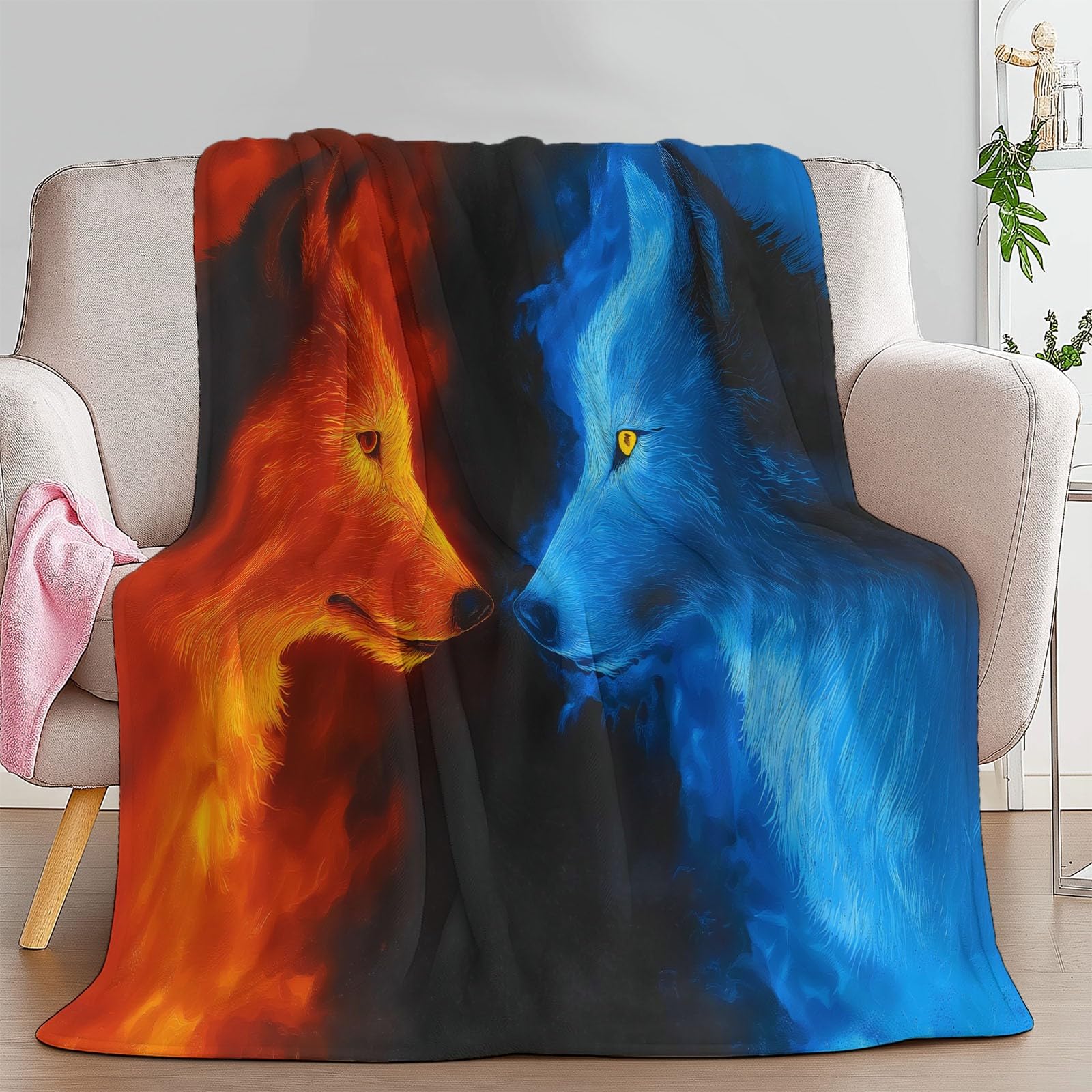 Générique Koc dla dorosłych i dzieci 200 x 200 cm, miękki koc flanelowy z nadrukiem fantastyczny lodowy wilk ogień - narzuta na sofę nadaje się do utrzymania ciepła zimą