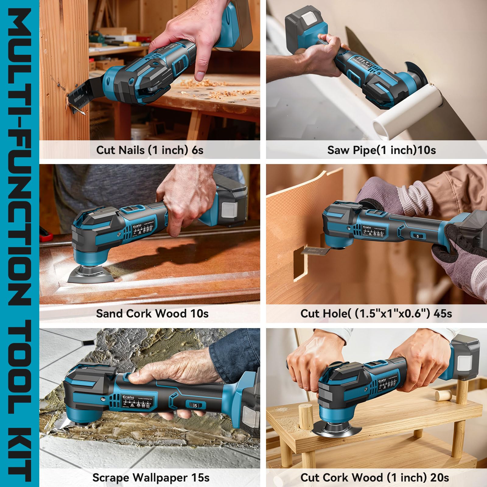 Ecarke Multiherramienta Compatible con Baterías Makita 18V, 5 Velocidades Ajustables, Motor Sin Escobillas, 16 Accesorios, Sistema de Amortiguación Integrado, Luz LED Anular(Solo Herramienta)-Azul