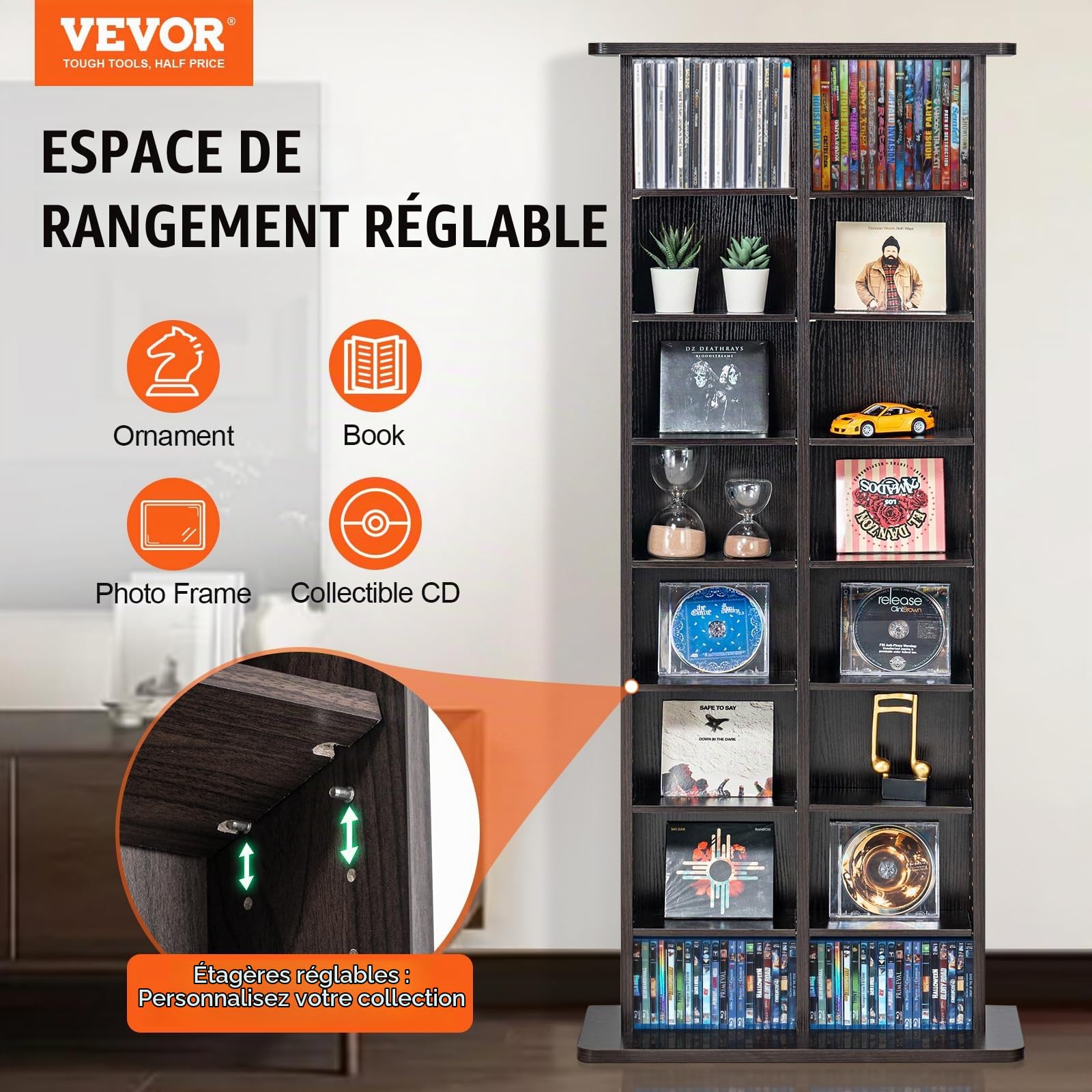 VEVOR Meuble de Rangement Multimédia, Étagère pour DVD à 8 Couches Capacité 464 CD, Armoire à DVD 16 Compartiments, Stockage la Musique, Les Films, Les Jeux Vidéo ou Les Collections de Souvenirs