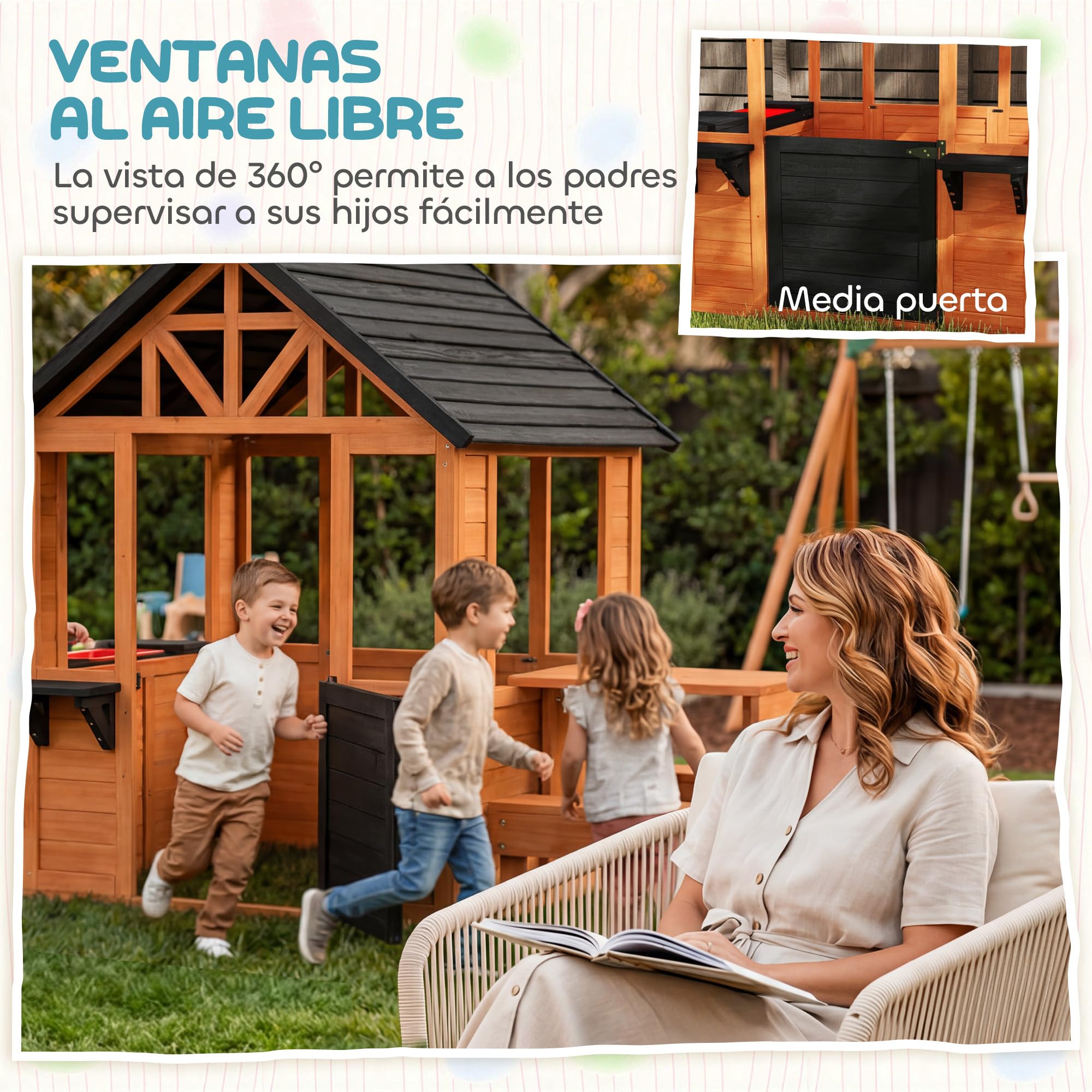 AIYAPLAY Casita Infantil Exterior e Interior de Madera, Casita Infantil con Barra de Snack, Mesa de Picnic y Bancos, Fregadero, Maceteros, Ventanas, Cocina Juguetes para Niños 3-8 Años, Marrón Claro