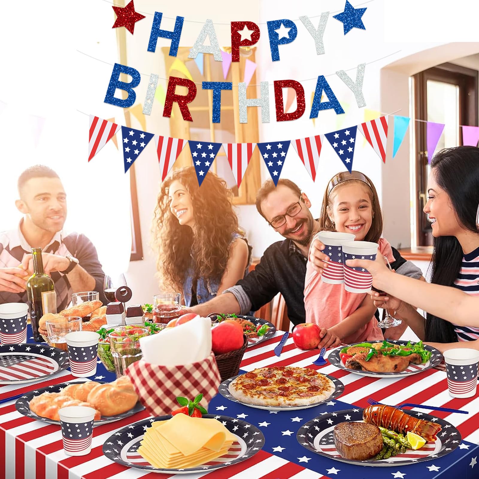 Guirnalda de banderines de bandera de cumpleaños del 4 de julio, estrellas americanas, banderas, banderines triangulares de Estados Unidos, guirnalda de estrellas rojas, blancas y azules para