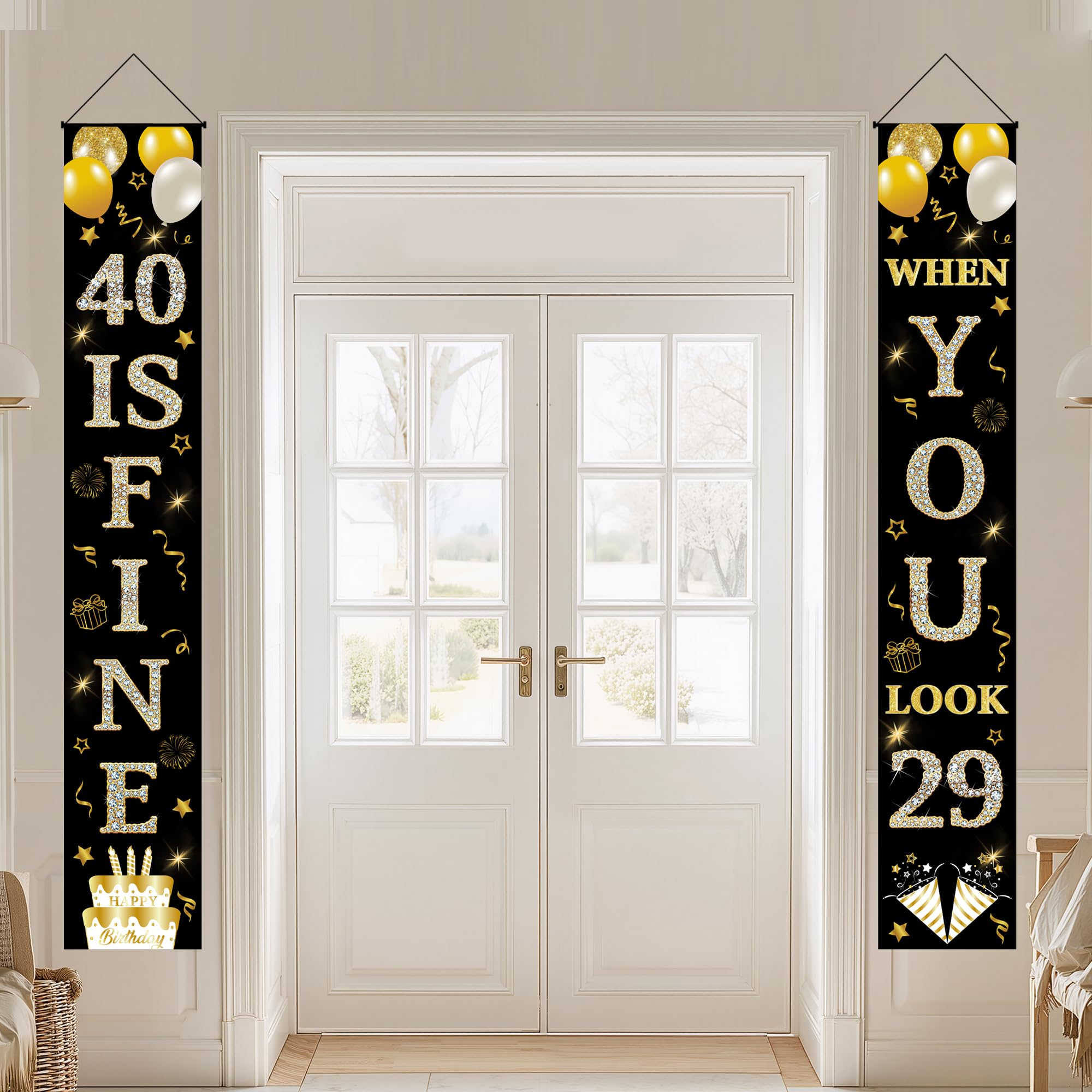 40th Birthday Decorations Door Banners - 2 Pcs Black Gold Banner Set