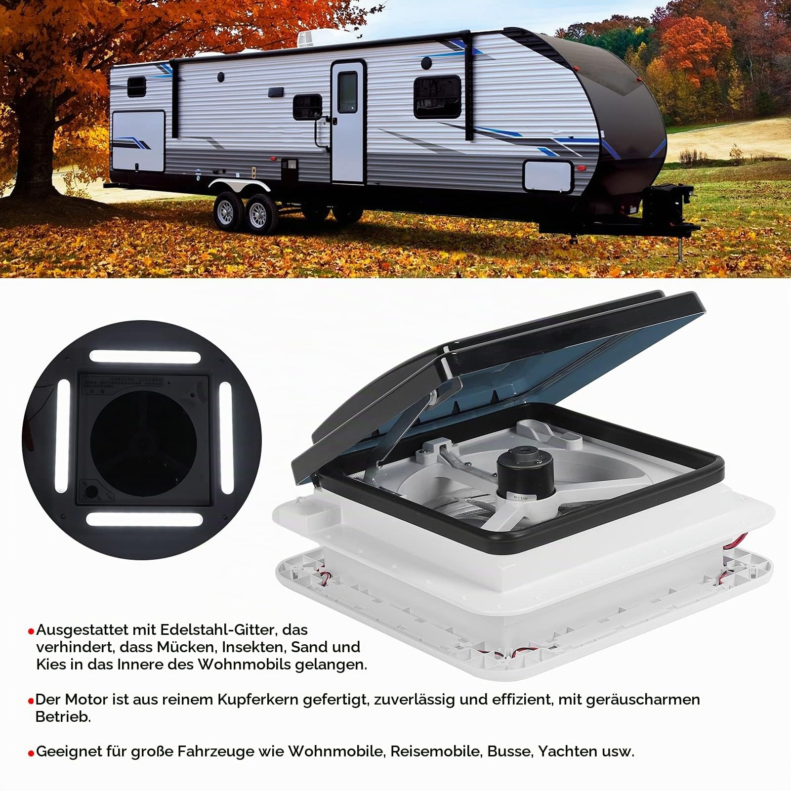 280 X 280 Mm Dachlüfter 12 V Manuelle Steuerung Lüftungslüfter Decke 2-Wege-Luftbelüftung Abluftventilator mit LED-Licht für Wohnmobil Wohnwagen Bus