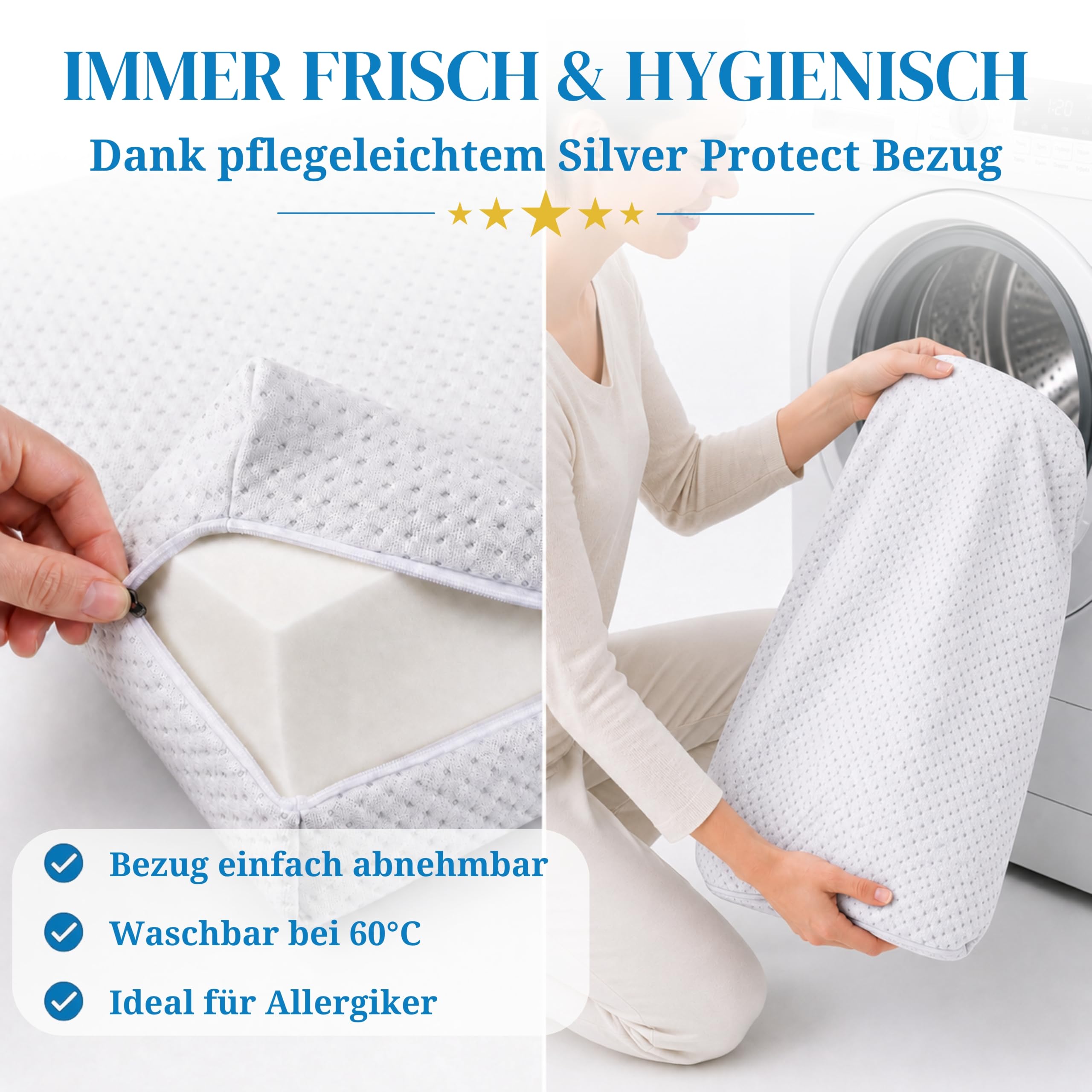 PROCAVE Bettkeil mit Bezug aus Silver Protect-Doppeltuch | Breite: 180 cm x T: 45 cm x H: 15/1 cm | Made in Germany | keilförmiges Schaumstoffkissen für Betten und Wasserbetten