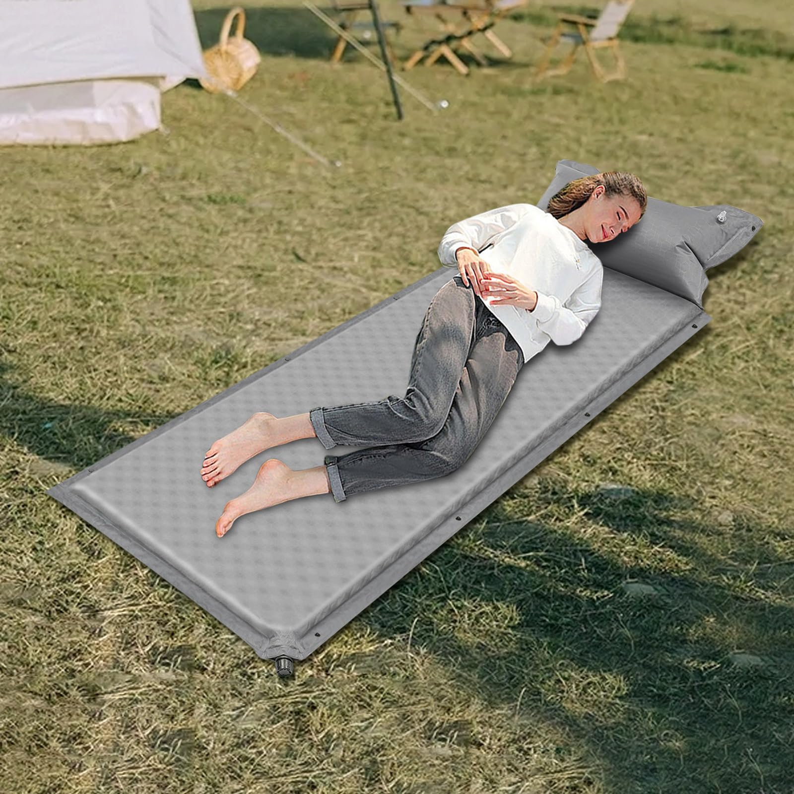 Matelas Autogonflant 1 Personne en Mousse Élastique avec Oreiller et Sac de Rangement Portable Matelas Camping pour Yoga, Bains de Soleil, Pique-niques, Excursions, Sac à Dos, 192x66cm
