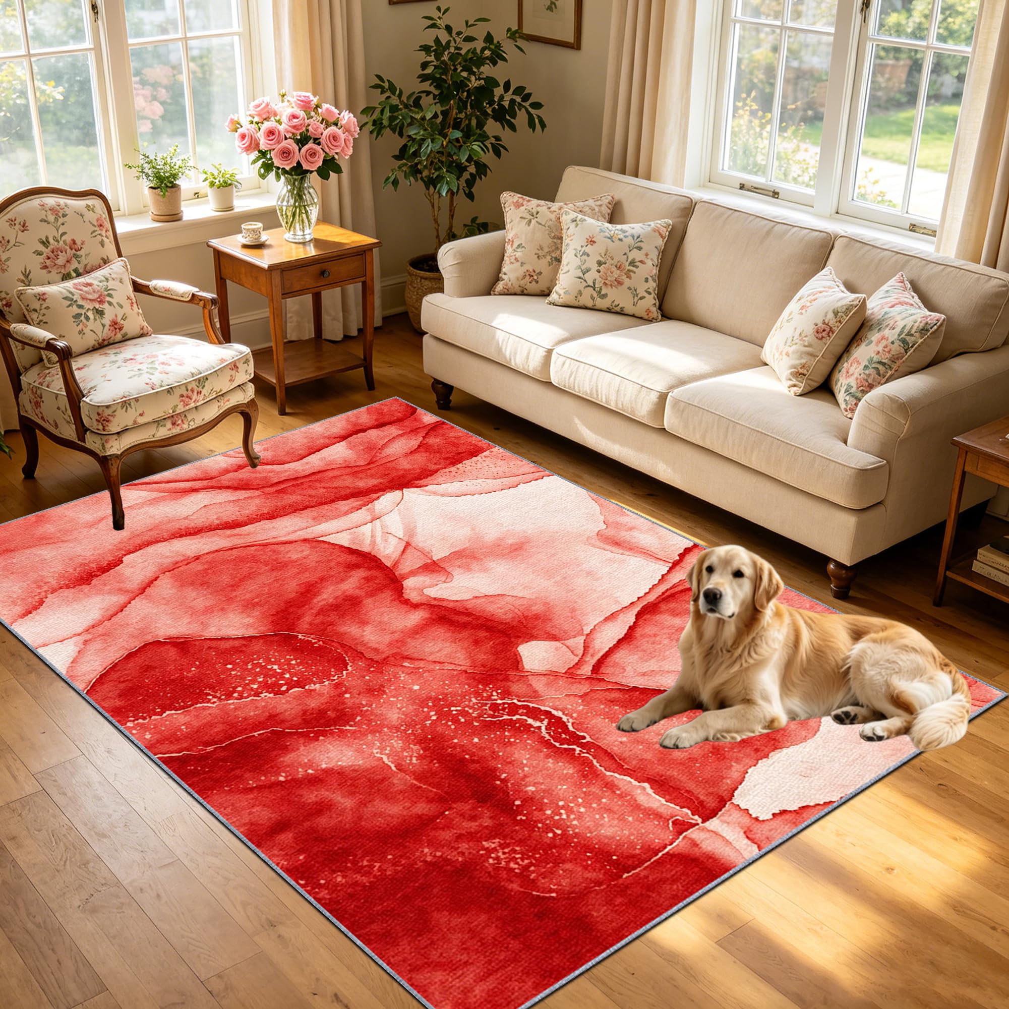 Dywaniki do salonu Antypoślizgowe Zmywalne Dywan Salon Pokój dziecięcy Sypialnia Biuro Duży Dywan Miękki Zmarszczkowy 200 x 280 cm Czerwony