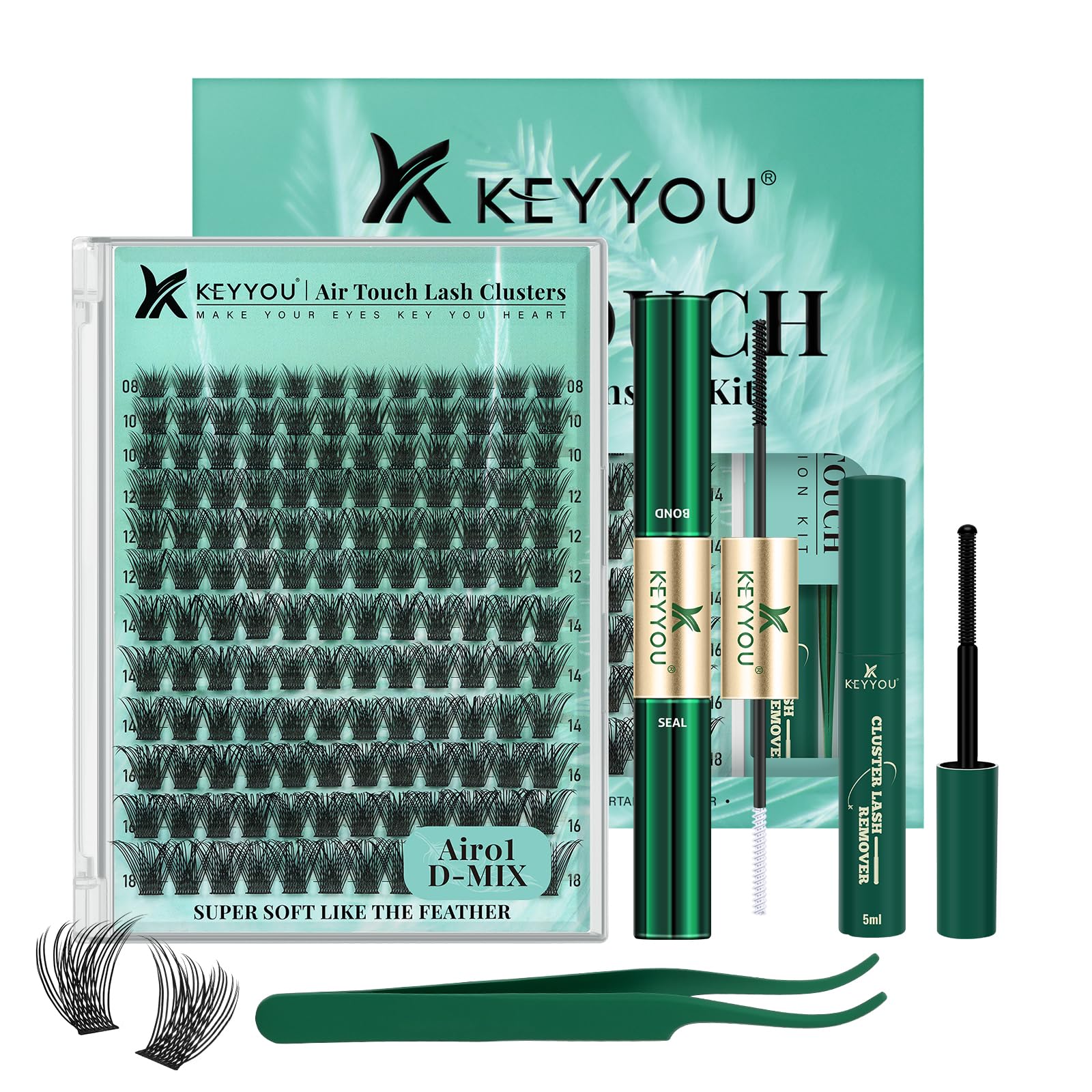 KEYYOU Lash Extension Kit 144pcs Air Touch Lash Clusters with Bond and Seal Lash Applicator Remover D Curl DIY Eyelash Extension Kit Easy to Apply at
