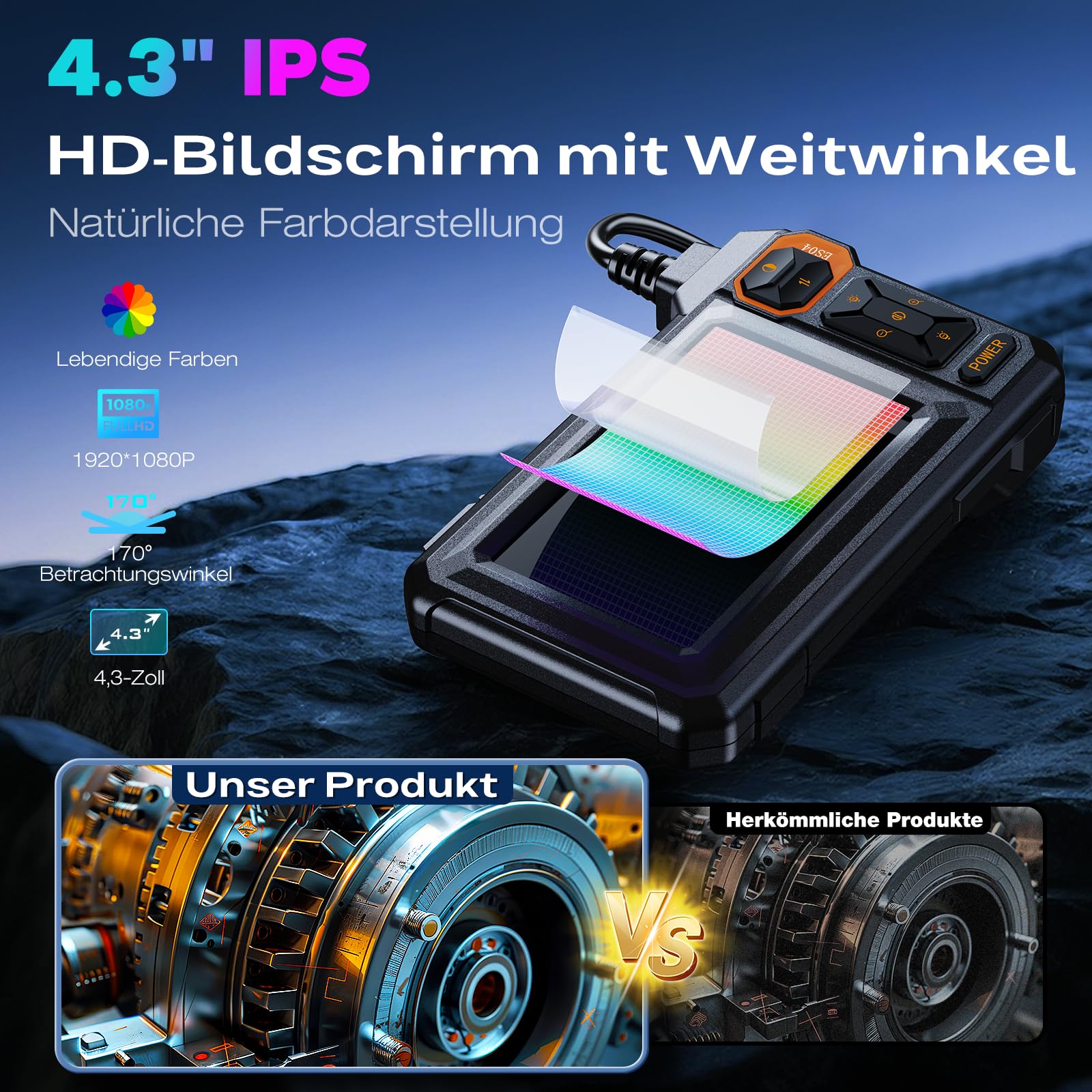 Camera Endoscopique avec 5M avec Écran et Lumière, 4,3" 1920P HD Caméra Endoscopique, Camera Inspection avec 8 Lumières LED Réglables, Camera D'inspection Canalisation