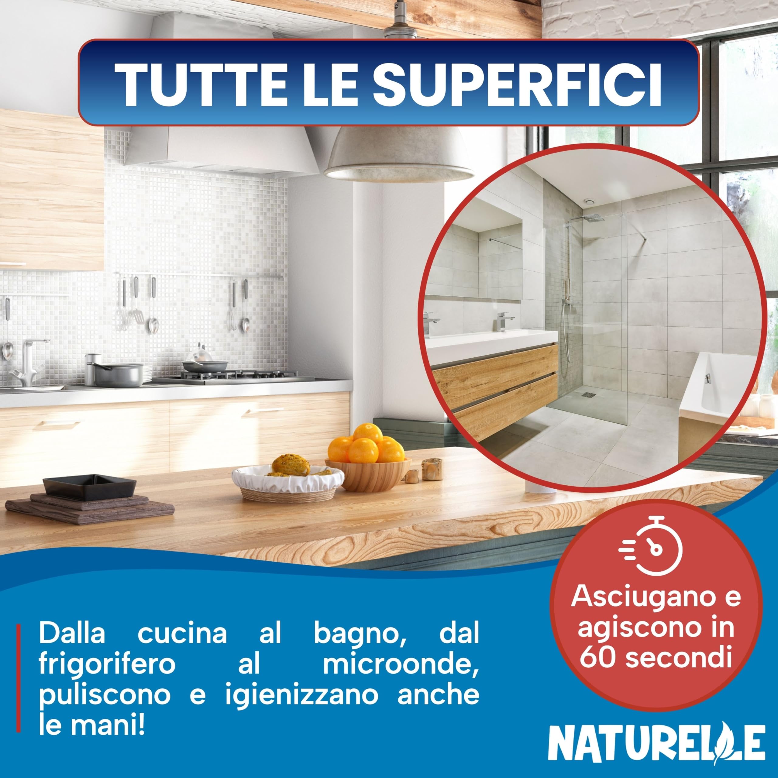 Naturelle Salviettine umidificate antibatteriche - Reti per superfici e mani, 1440 salviette (12 confezioni da 120)