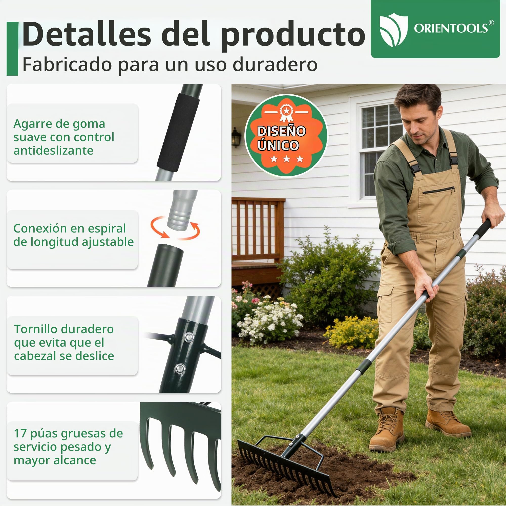 ORIENTOOLS Rastrillo de jardín, resistente, 44 cm de ancho x 160 cm de alto, verde, 1,7 kg