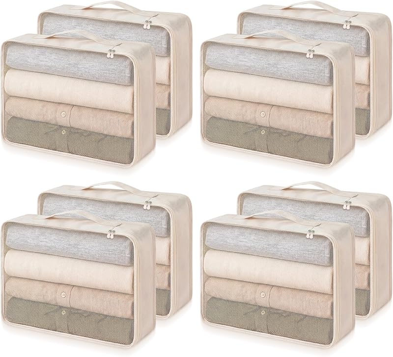 Silkfly 8 Pcs XL Packing Cube for Travel Luggage,Simple,Beige | 17.7 x 13 x 4.7, Same Size, Beige Suitcase Storage Organizer Set, Reusable Mesh Clothes Cube for Hiking Camp Family Accessory