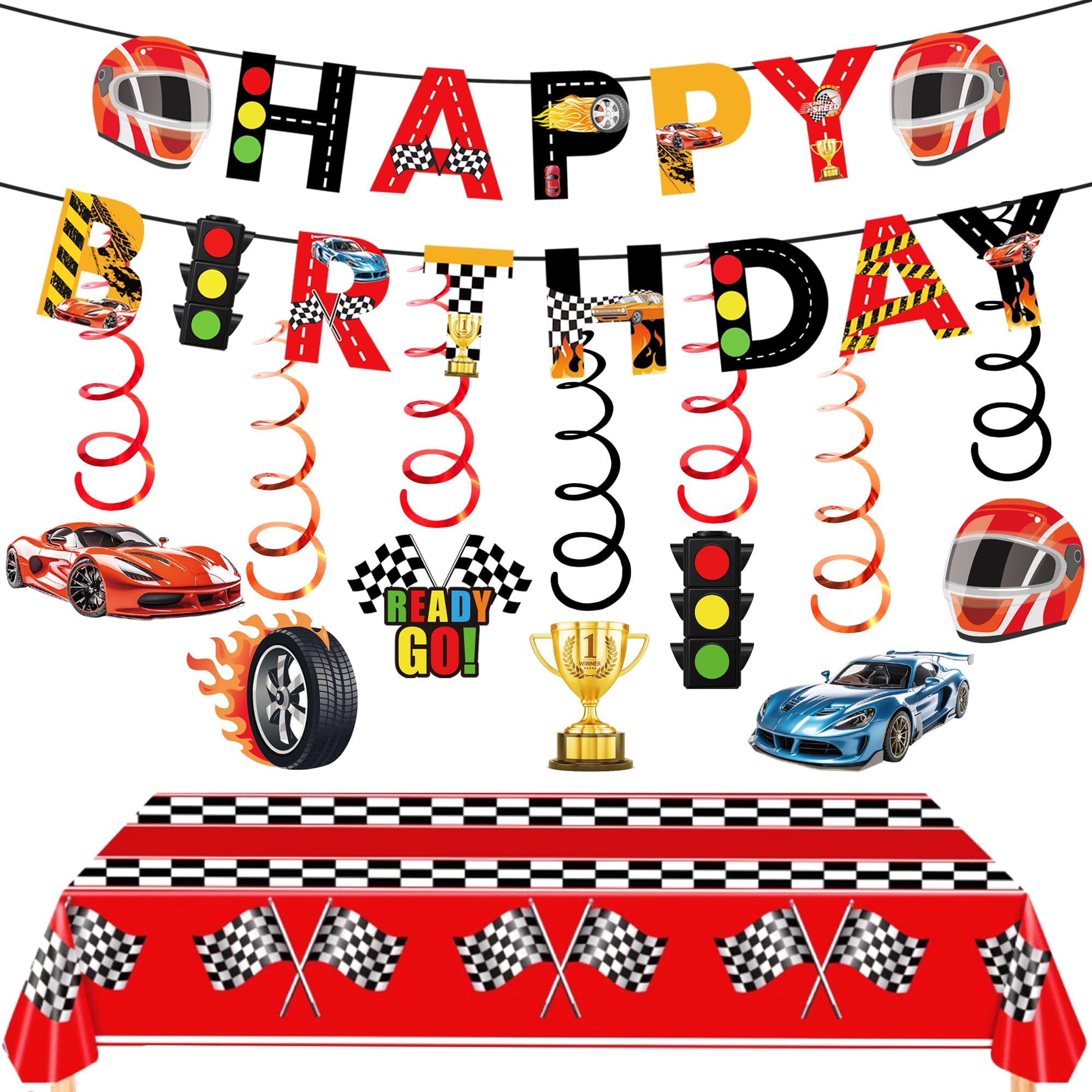 Race Car Party Decorations Race Car Happy Birthday Banner Race Car Theme Tablecloth for Baby Shower Race Car Birthday Part...