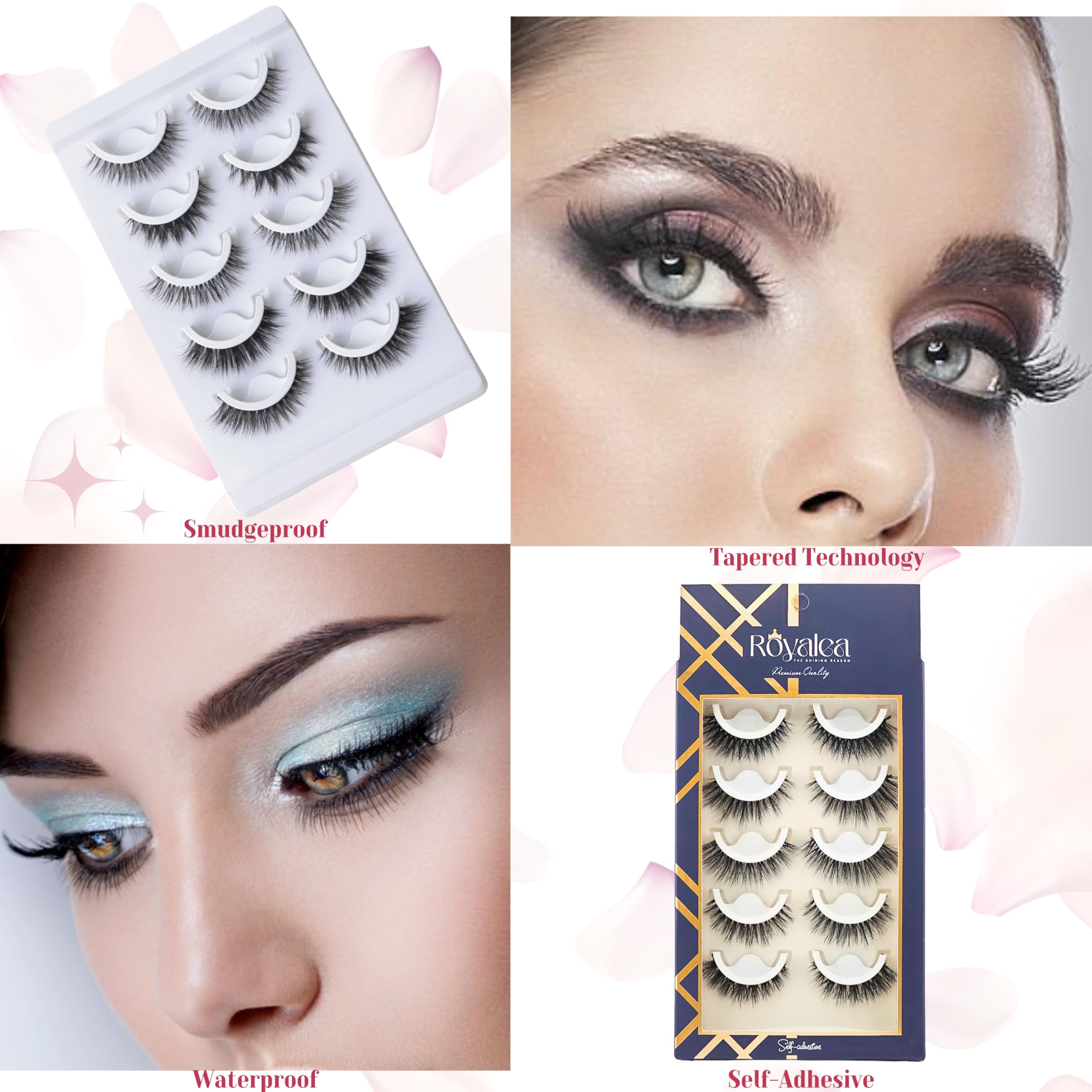 Self Adhesive Eyelashes, Natural Look Lashes - Handmade Hemp Fiber, Easy to Use Wispy Lashes (Pestañas) for Beginners - Cat Eye Lash Strips, Fake Eyelashes by Royalea (5-Pairs Variety Pack)