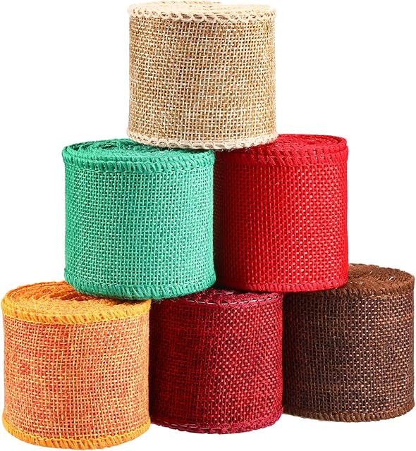 6 Rolls Christmas Wired Burlap Ribbons Colorful Edge Ribbon Wrapping Rustic Ribbon Natural Decoration Craft Ribbon for Halloween Thanksgiving Autumn Wrapping Decor Supplies, 24 Yards