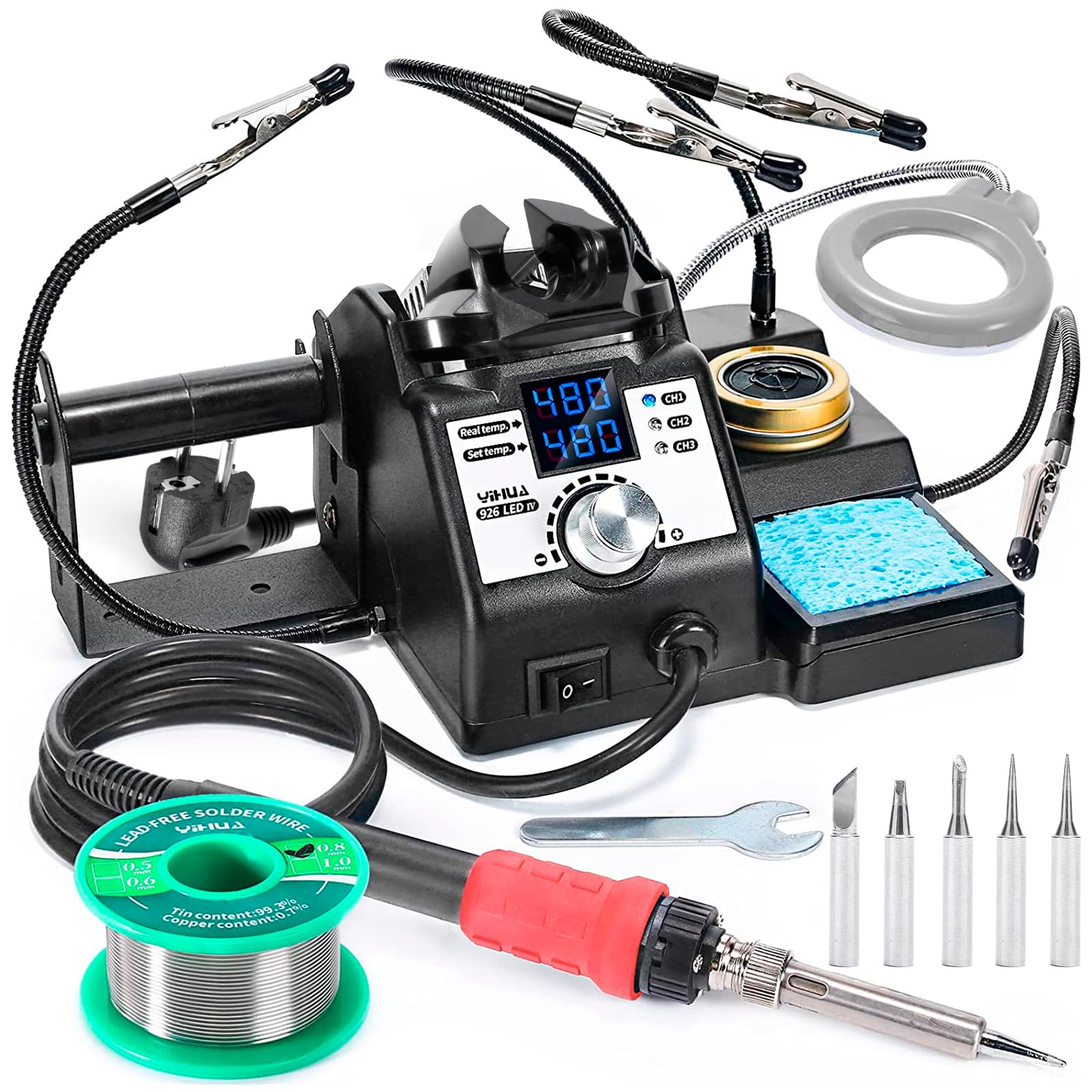 YIHUA 926LED-IV Station de soudure 110W EVO 90~480°C Kit de soudure avec 4 mains secourables, 1 loupe avec éclairage LED, 5 pannes à souder supplémentaires, 50g de fil à souder sans plomb