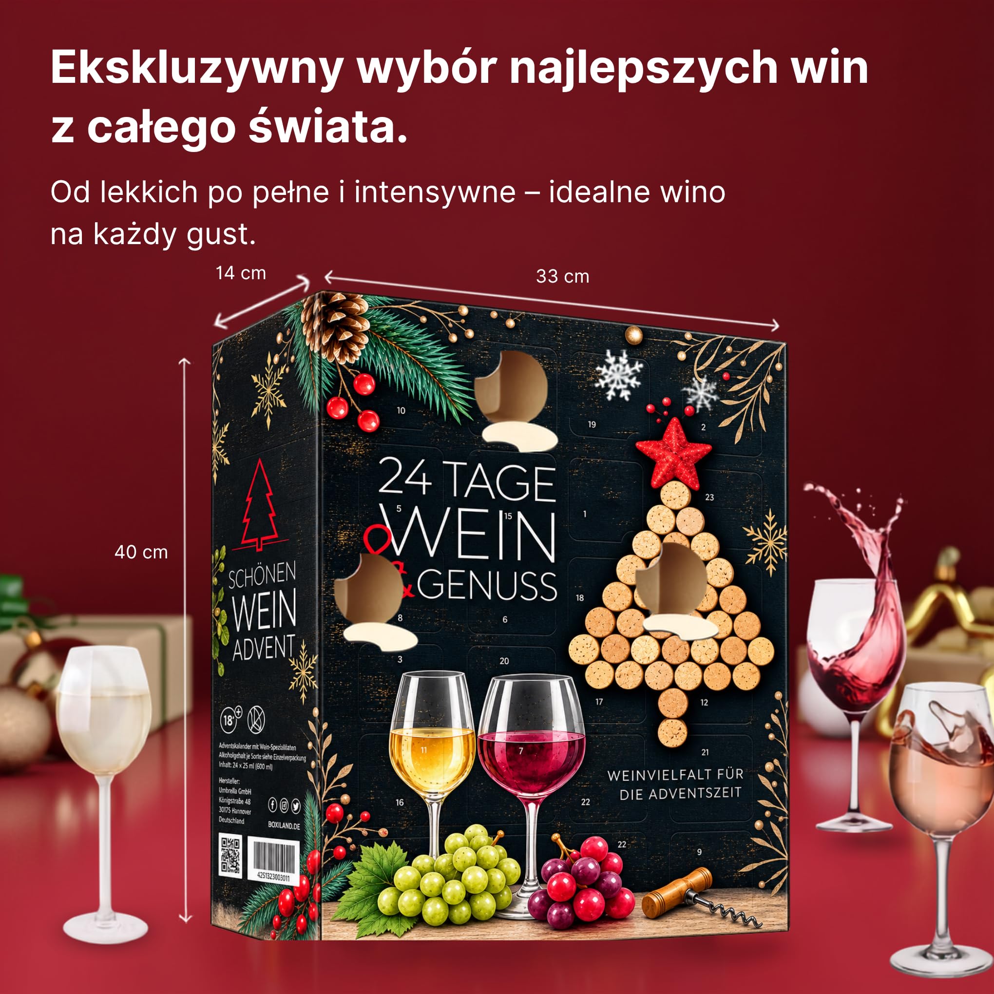 UMBRELLA® kalendarz adwentowy 2026, 24 wina 0,25 l, czerwone białe rosé